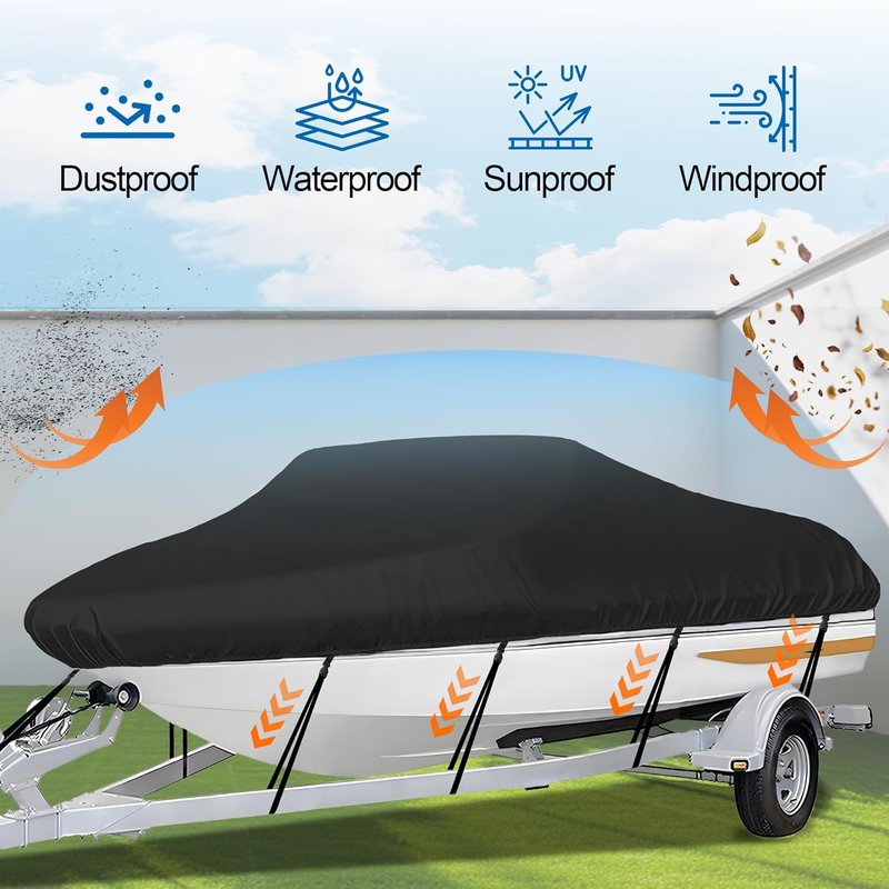 Trailerable Boat Cover - Heavy Duty Waterproof Tarp for V-Hull & Fishing Boats | Fits 14'-16' Length, 68" Width