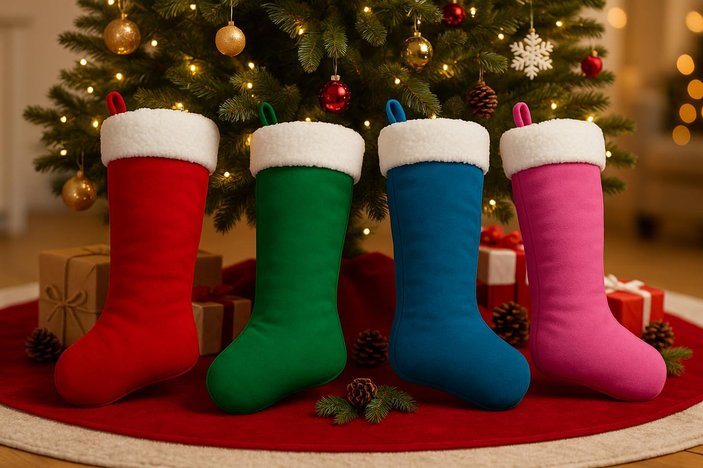 LinaGarten Traditional Christmas Stockings for Family Holiday Decorations and Xmas Tree Fireplace (6, Navy Blue-Grain-Large)