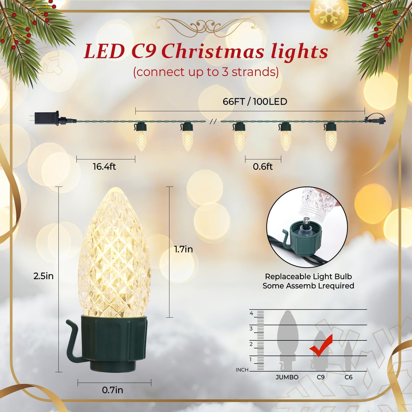 JMEXSUSS 100 LED C9 Christmas Lights Outdoor: 66 FT 8 Modes Plug in Connectable C9 Warm White Christmas Lights for Tree Roof Eaves Garden Decor