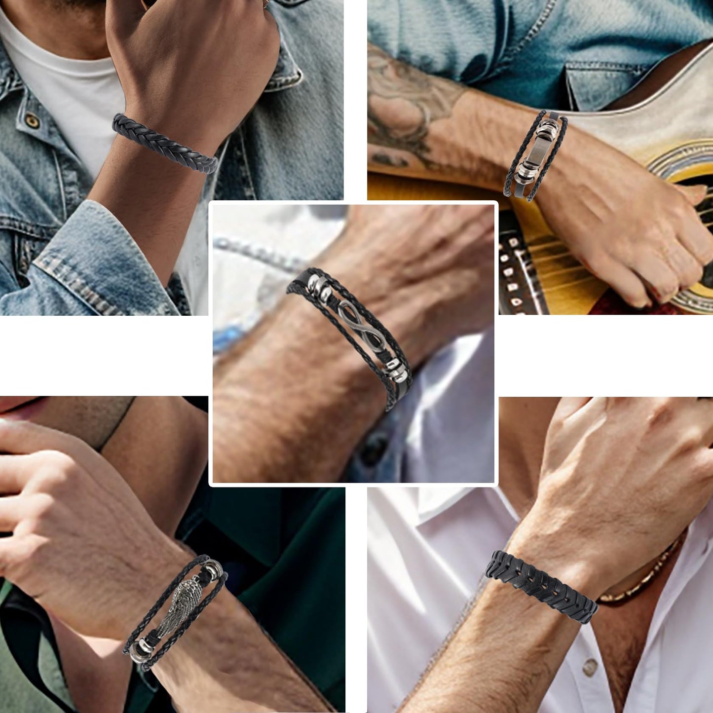 MILAKOO 5Pcs Punk Bracelets for Men Stainless Steel Clasp Woven Braided Leather Wristband Goth Style