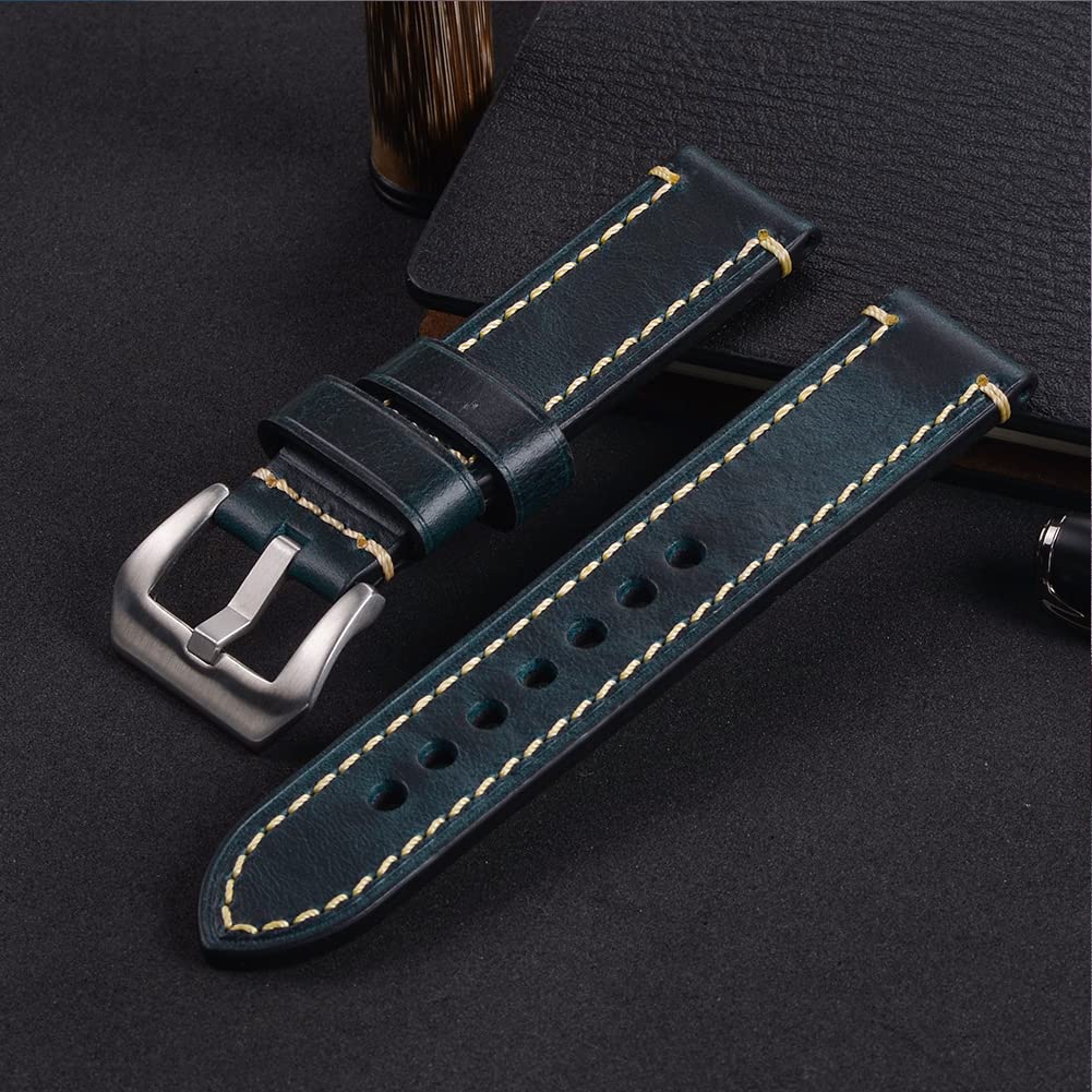 EACHE 26mm Leather Watch Bands Thick Imported Oil Waxed Leather Watch Straps Blue With Silver Buckle