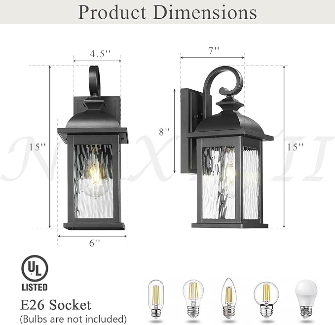 Outdoor Wall Lights 15 Inch Waterproof Porch Lights Outdoor Matte Black Outside Light Fixtures for House with Water Ripple Glass E26 Socket 2 Pack