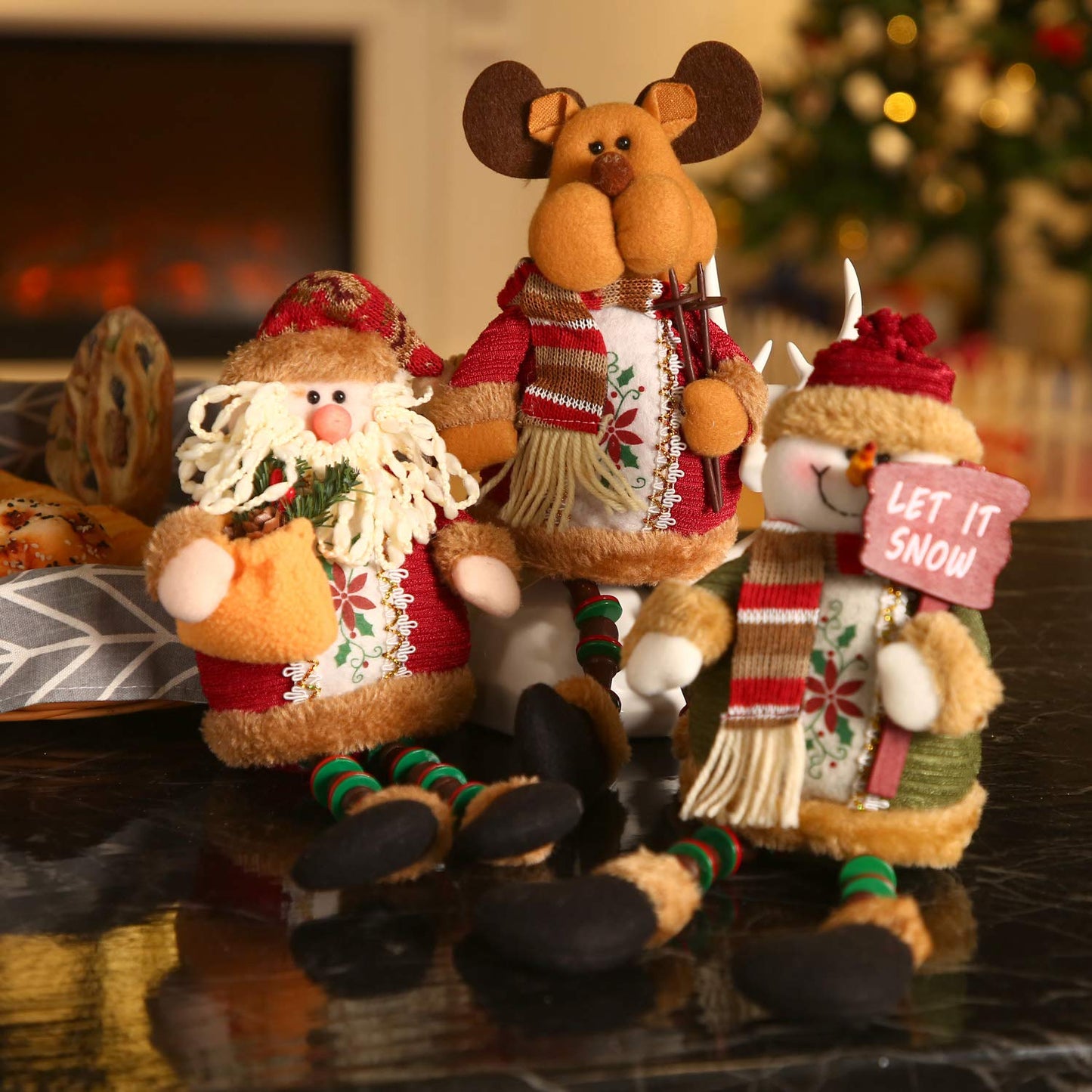 Sumind 3 Pcs Christmas Sitting Doll Santa Claus Snowman Reindeer Sitter Christmas Ornament with Long Legs Xmas Figurines Plush for Table Fireplace Home Decoration