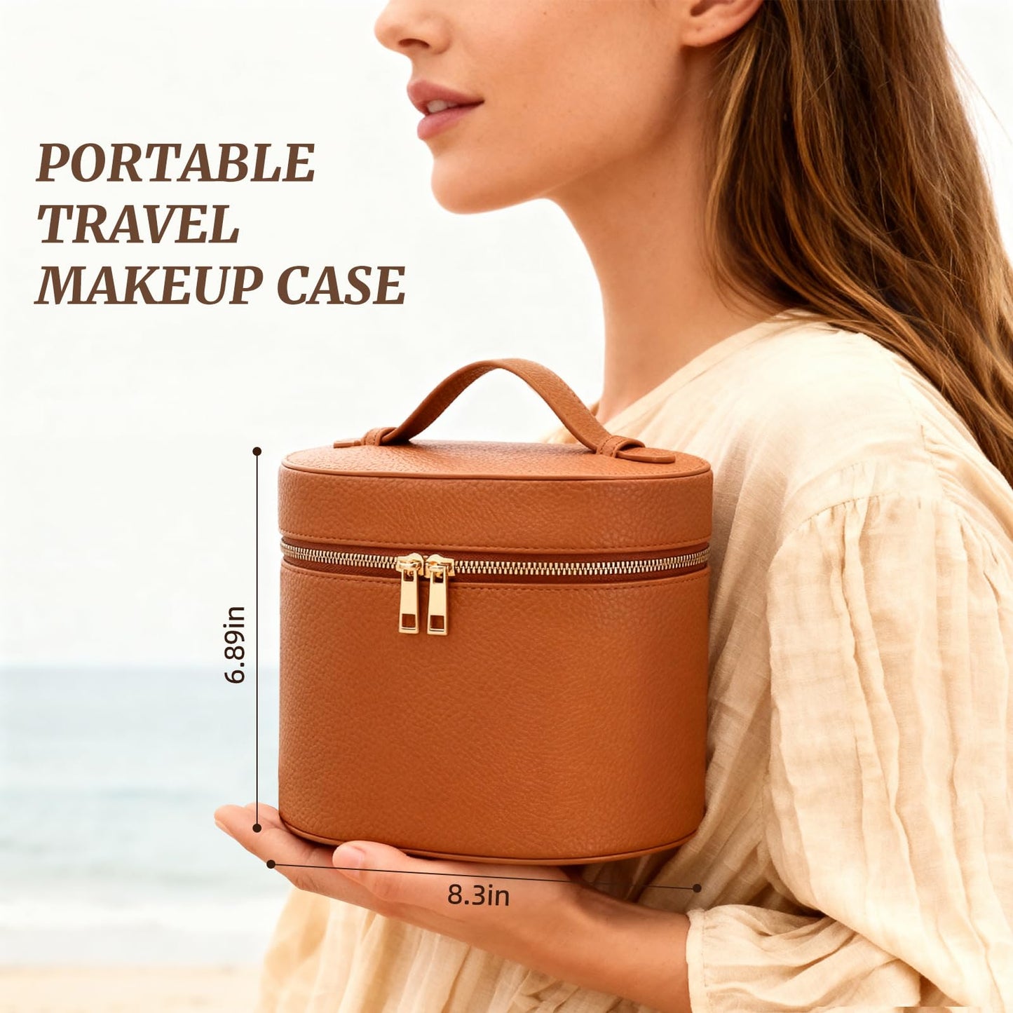 MaqSacion Makeup Bag Vanity Case for Women Leather Cosmetic Bag Makeup Organizer Case Portable Travel Toiletry Bag With Removable Compartments and Handle - Brown