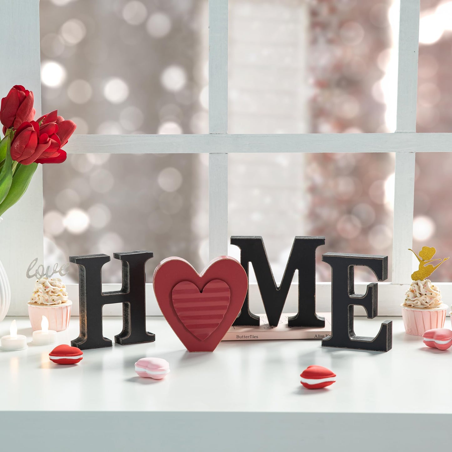 Glitzhome Interchangeable Home Table Signs with 13 Pcs Seasonal Icons, Wooden Changeable Home Sign for Holiday Decor, HOME Letter Sign Ornaments Set Interchangeable Holiday Decorative Shelf Blocks