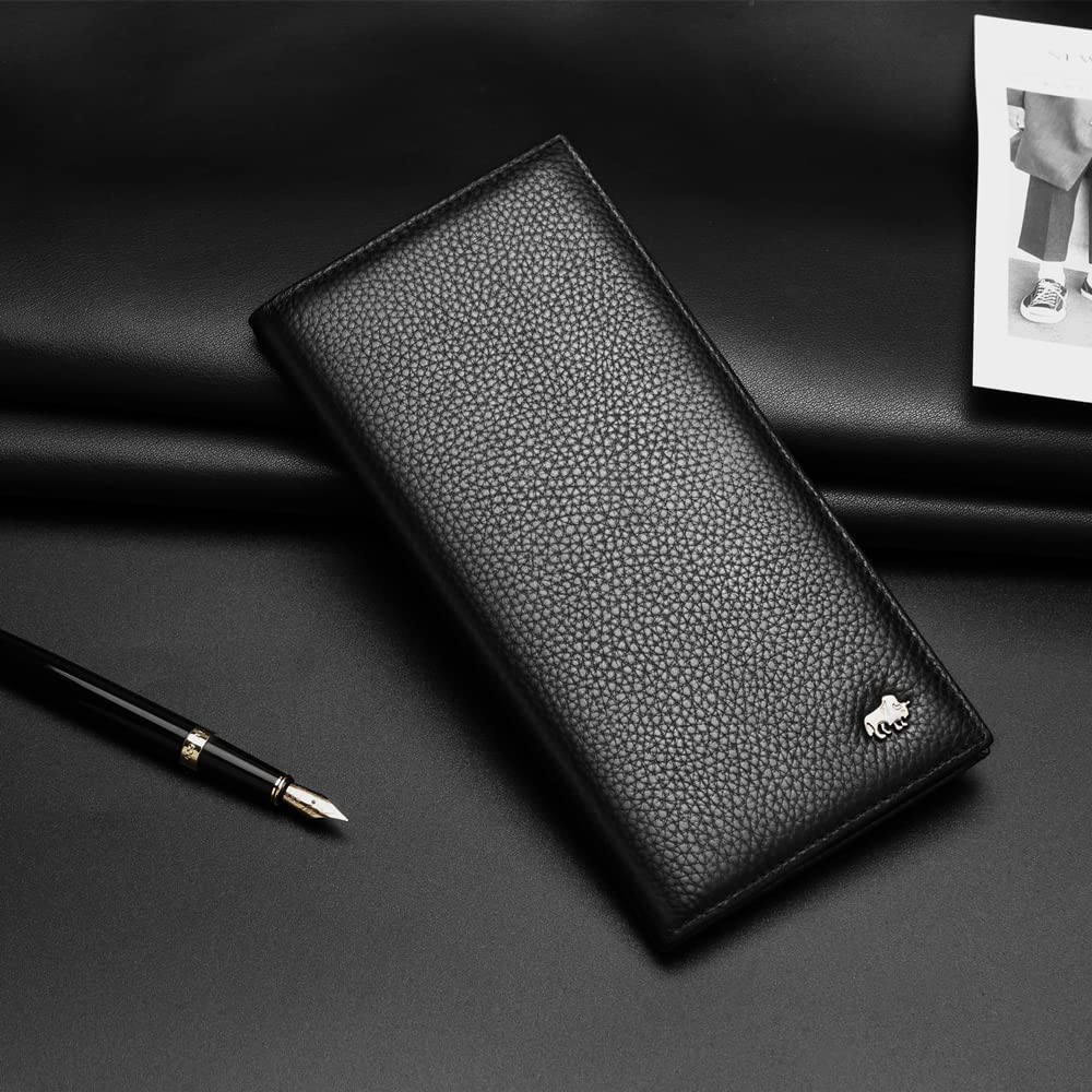 BISON DENIM RFID Bifold Wallets Slim Credit Card Wallet Real Leather Mens Long Wallet with Zipper Coin Pocket