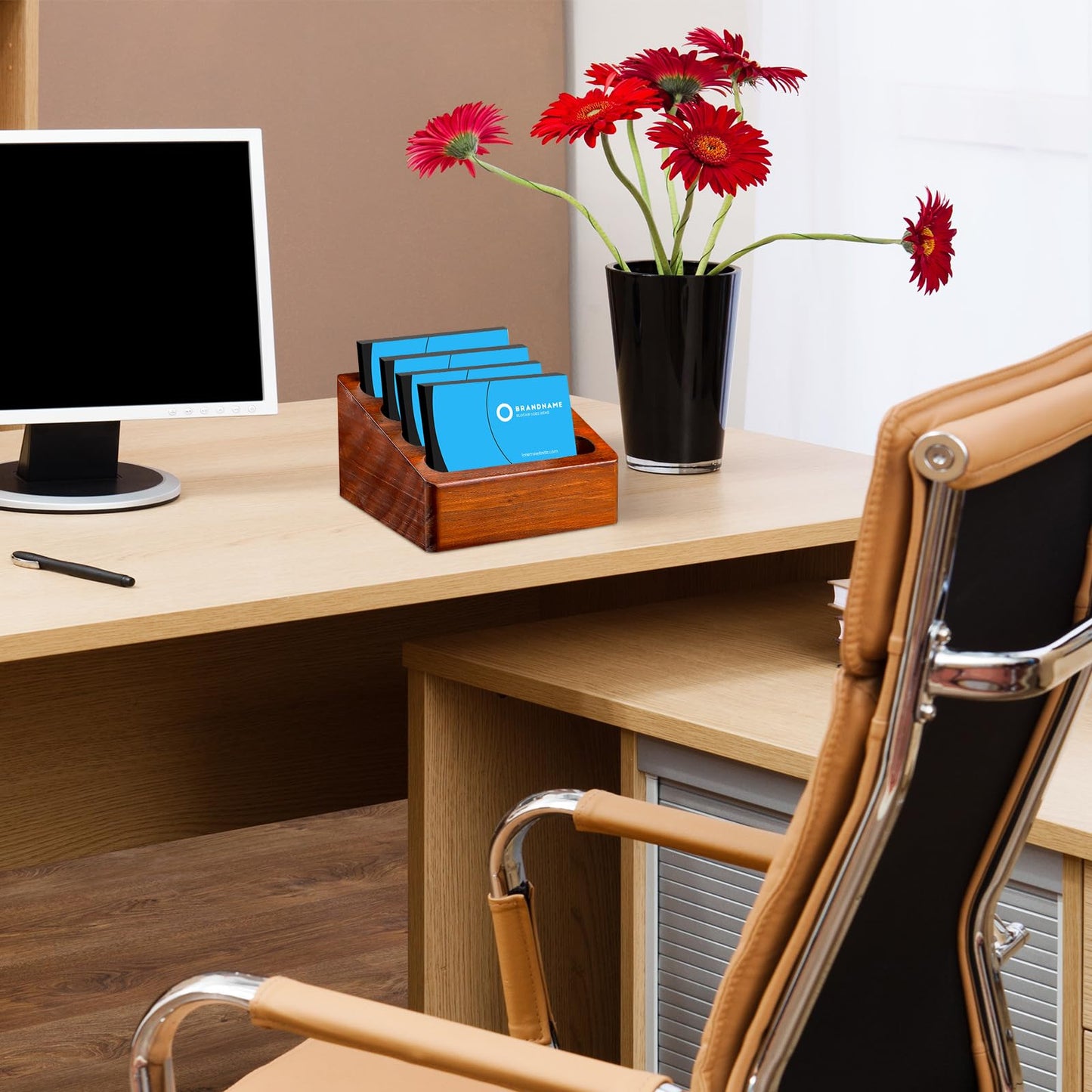 Barydat 2 Pcs Wooden Business Card Holder 4 Slots for Desk Business Card Stand Desktop for Office Study Tabletop and Home