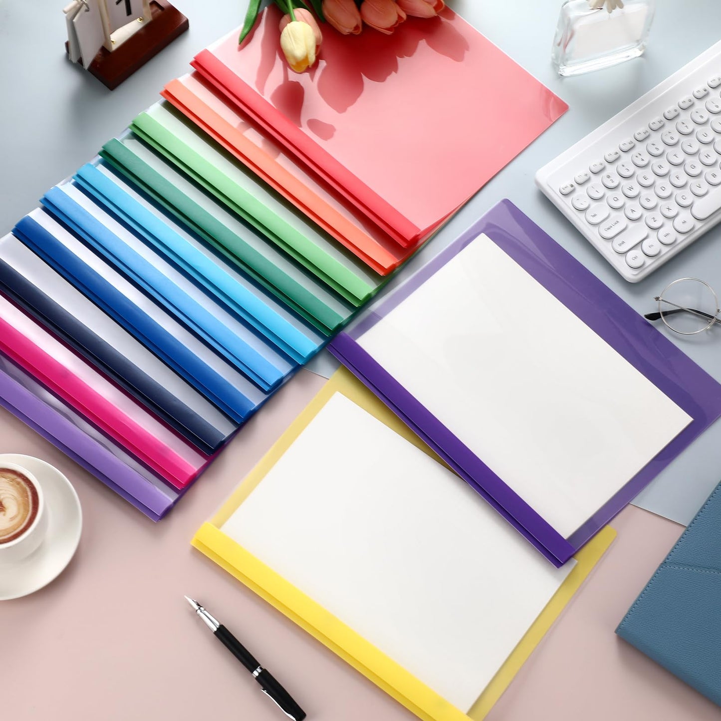 Feifeiya 48 Pack Plastic Report Covers with 3 Prongs Presentation Folders Bulk, 100 Sheet Capacity, Clear Front Report Covers for Presentation Document Paper School Office Supplies (Colorful)