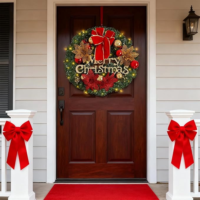 FR Artificial Pre-Lit Fir Christmas Wreath Holiday Accent Decoration, Wintry Pine, Decorated with Pine Cones Berry Clusters Frosted Branches, with LED Lights for Door, Mantel 16 Inch