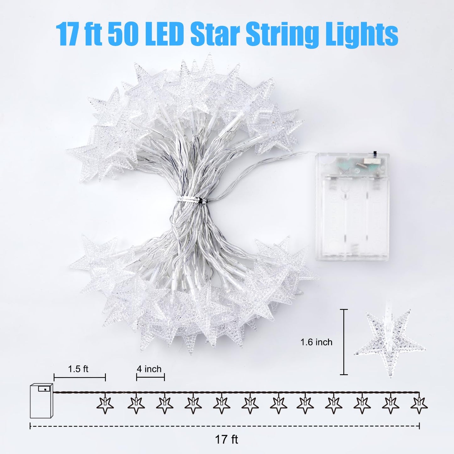 Minetom Star String Lights Battery Operated - 17 ft 50 LED Star Fairy String Lights with Timer, Waterproof for Indoor Bedroom Tent Loft Bed Patio Party Wedding Decor, White