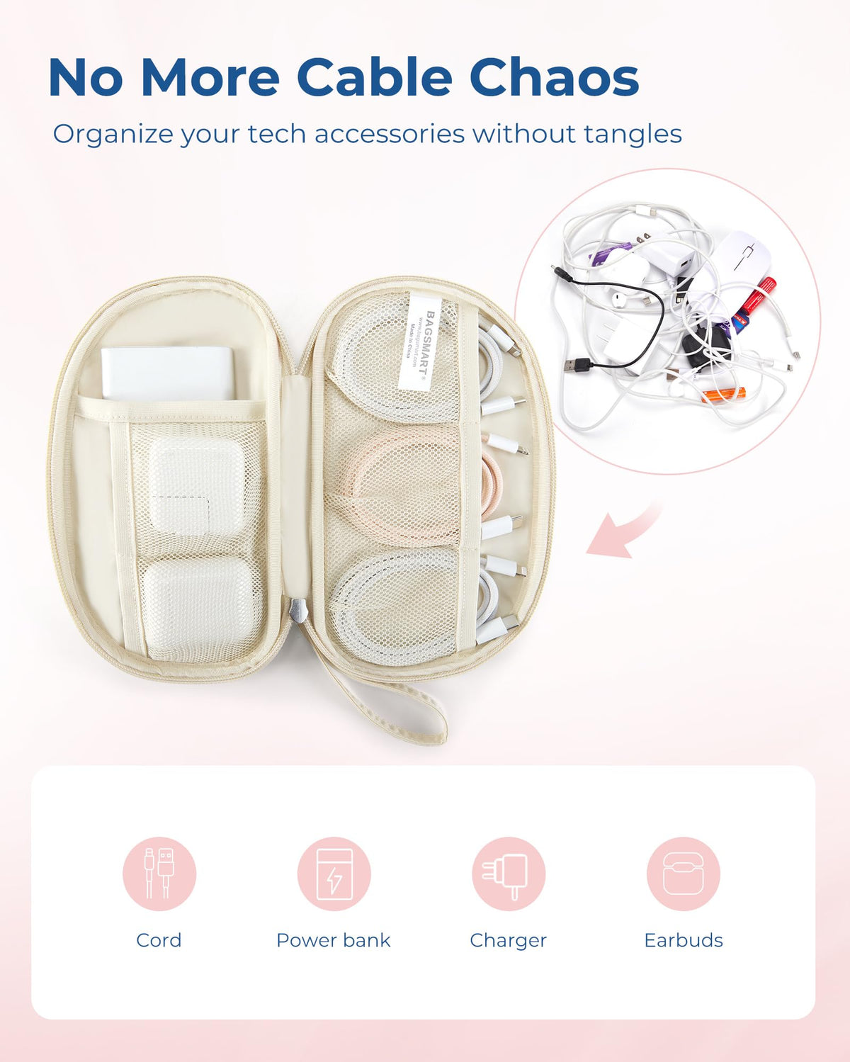 BAGSMART Cord Organizer Travel Cable Bag, Compact Tech Electronic Organizer Travel Case, Essentials for Charger, Cable, Phone, Flash drive - Beige