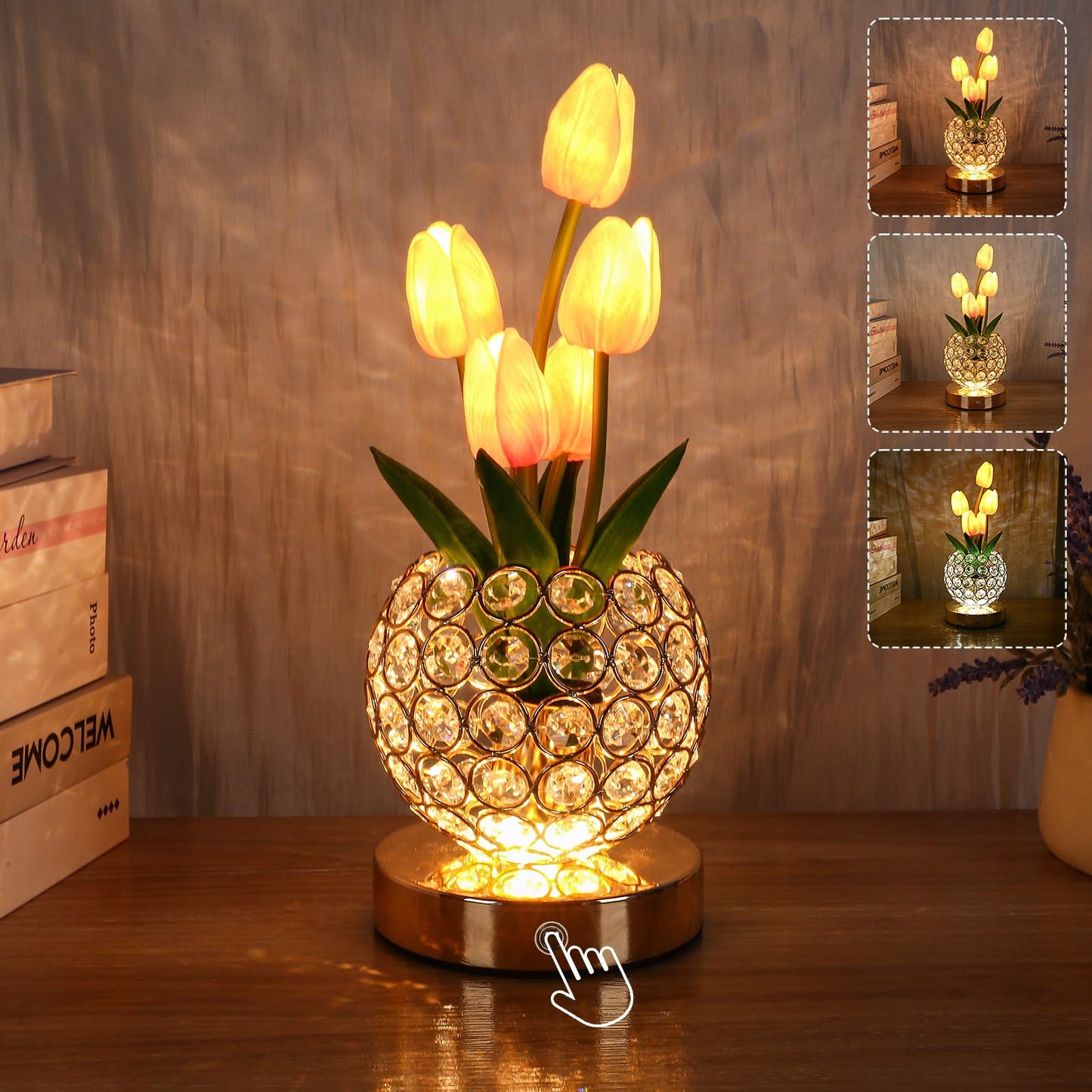 Birthday Gifts for Women Mothers Day Gifts/ for MomTable Lamp, 3 Color Crystal Flower Bedside Lamps Infinitely Dimming with USB Charge Small Night Light,Nightstand Touch Lamp for Bedroom (pink-tulip)