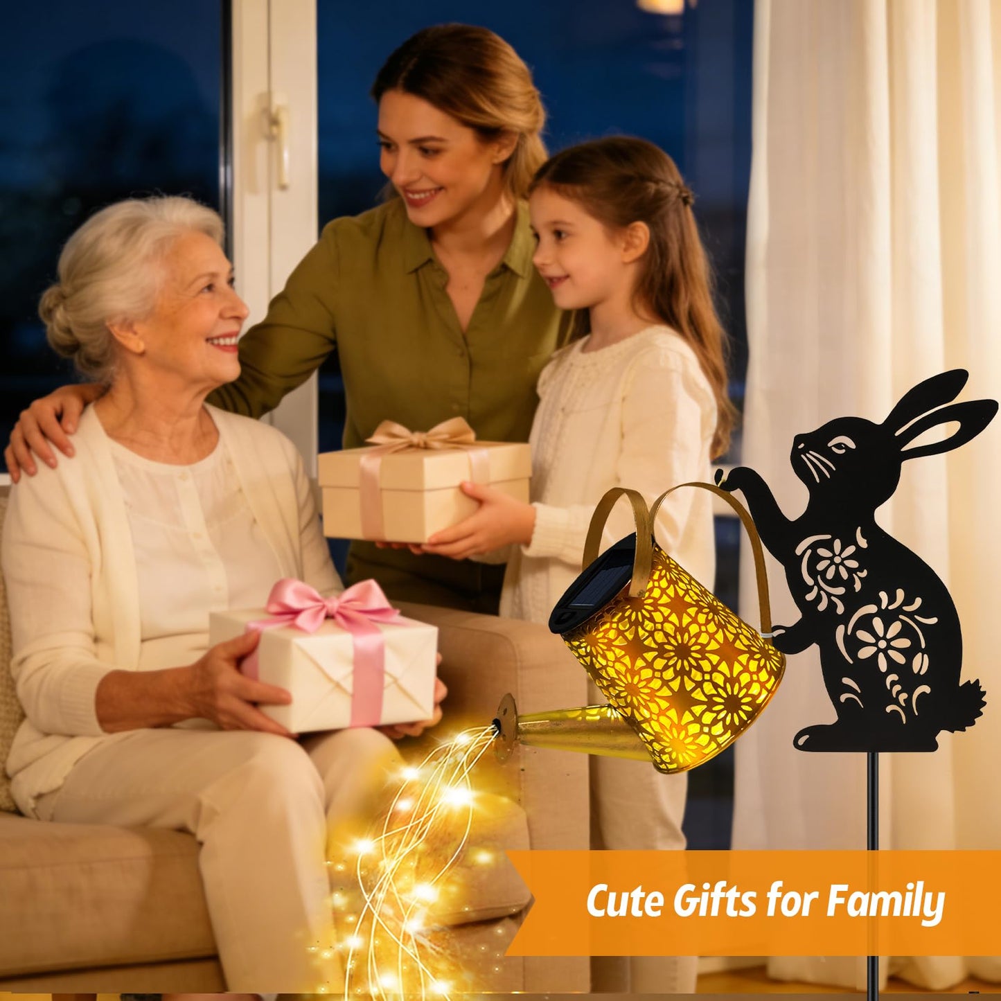 Solar Watering Can Lights, Bunny Hanging Lantern Solar Lights Outdoor, Rabbits Lover Gifts for Mom Women Birthday Mother's Day Christmas, Waterproof Garden Decor Outside Patio Yard Pathway Backyard