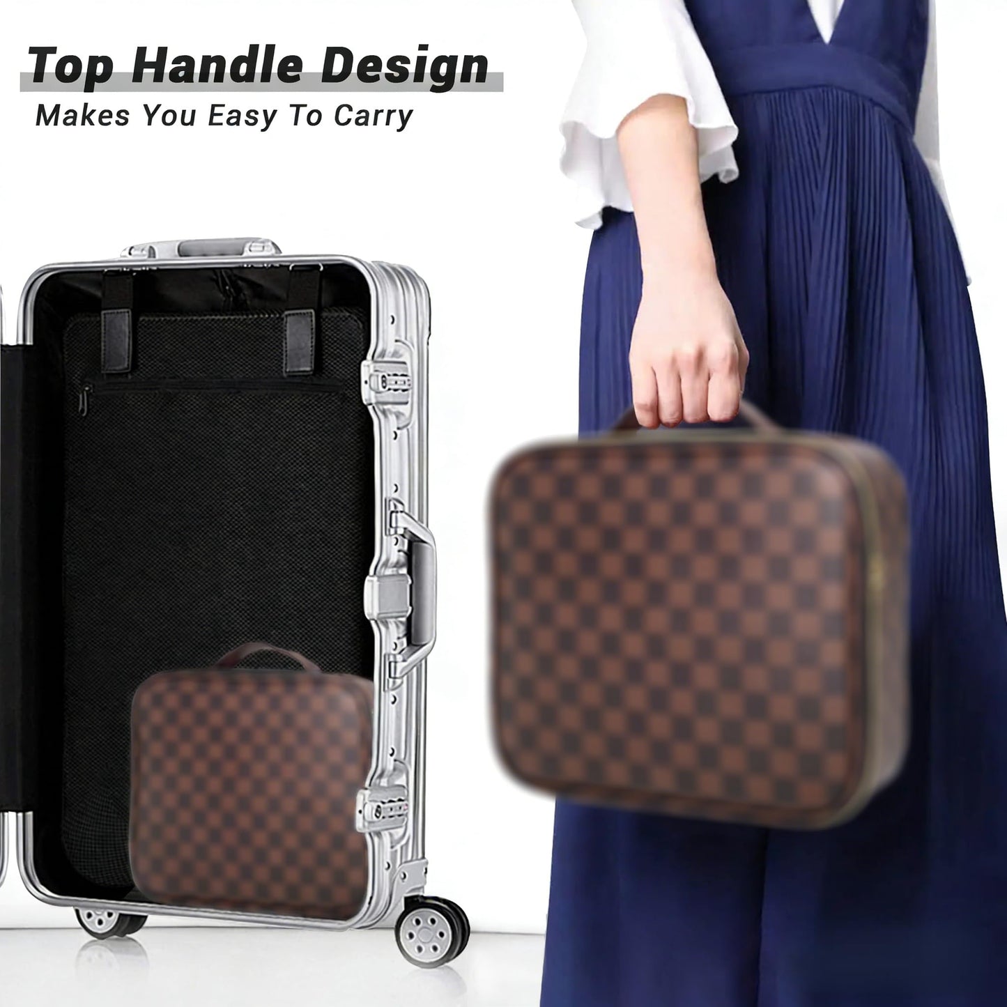 LEAFFUP Checkered Makeup Bag, Portable Makeup Bag with Adjustable Partition, Cosmetic Bags for Women Toiletry Travel Organizer Portable Make Up Bags for Christmas Birthday Gifts