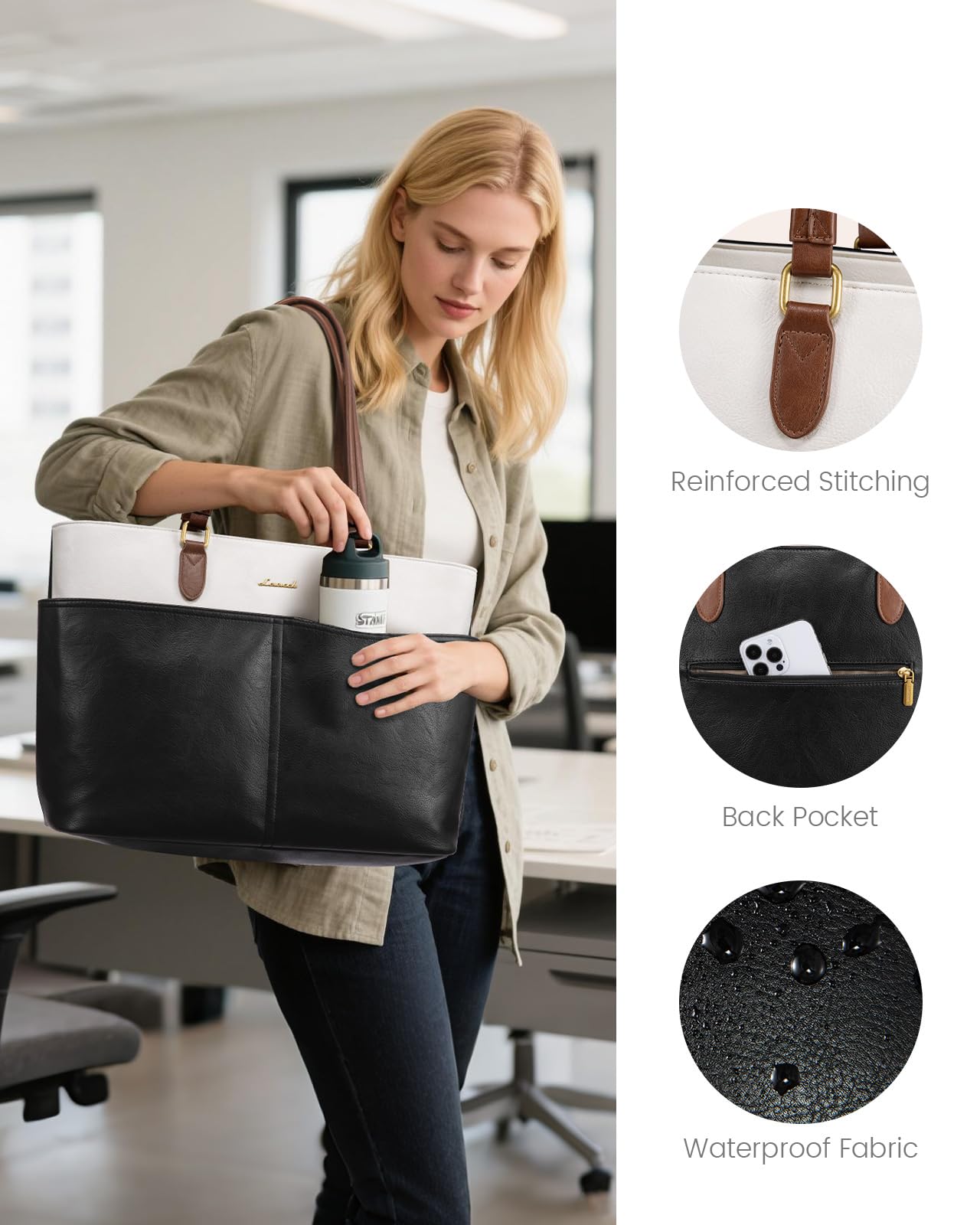 LOVEVOOK Work Tote Bags for Women, Vintage Leather 15.6 Inch Laptop Bag with Large Cup Holder, Teacher Nurse Medical Professional Computer Bag, Office Briefcase Handbag Gift