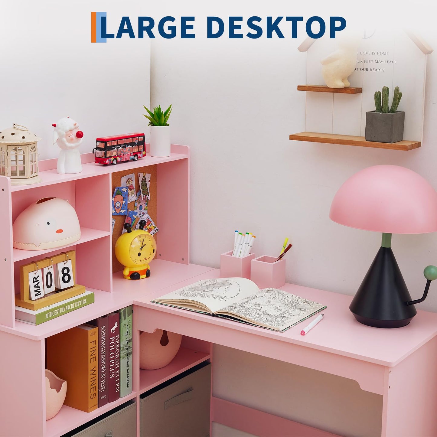 Garvee Kids Corner Desk, Desk and Chair Set for Children, L Shape Kids Study Table - Features Bulletin Board Open Shelves & Storage Cabinets and Cloth Drawers, Pink