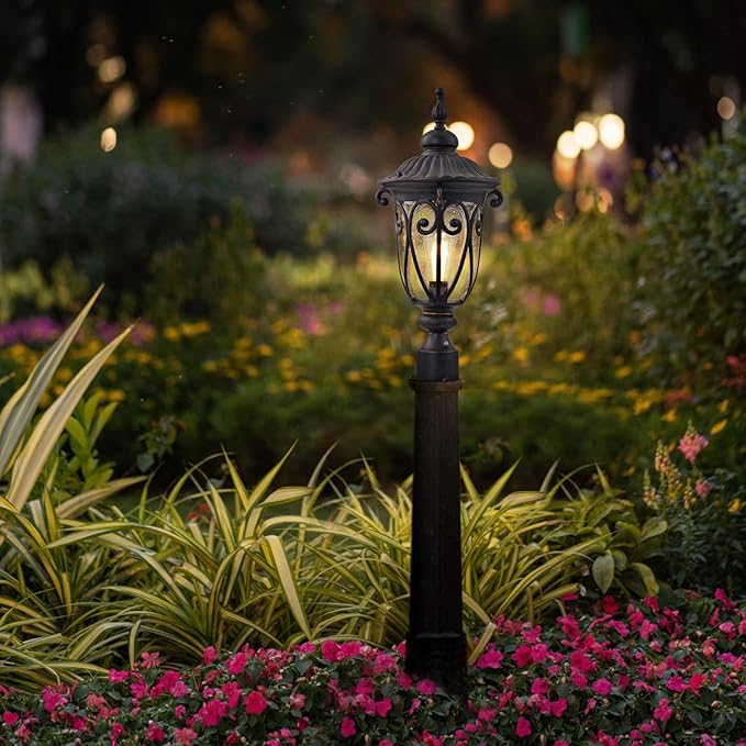 Dusk to Dawn Outdoor Post Light Fixture, 24in High Bronze Post Lantern with Pier Mount, Exterior Pole Lighting with Seeded Glass for Yard, Garden, Patio and Pathway, 2 Pack, LMMS0519-M-2P