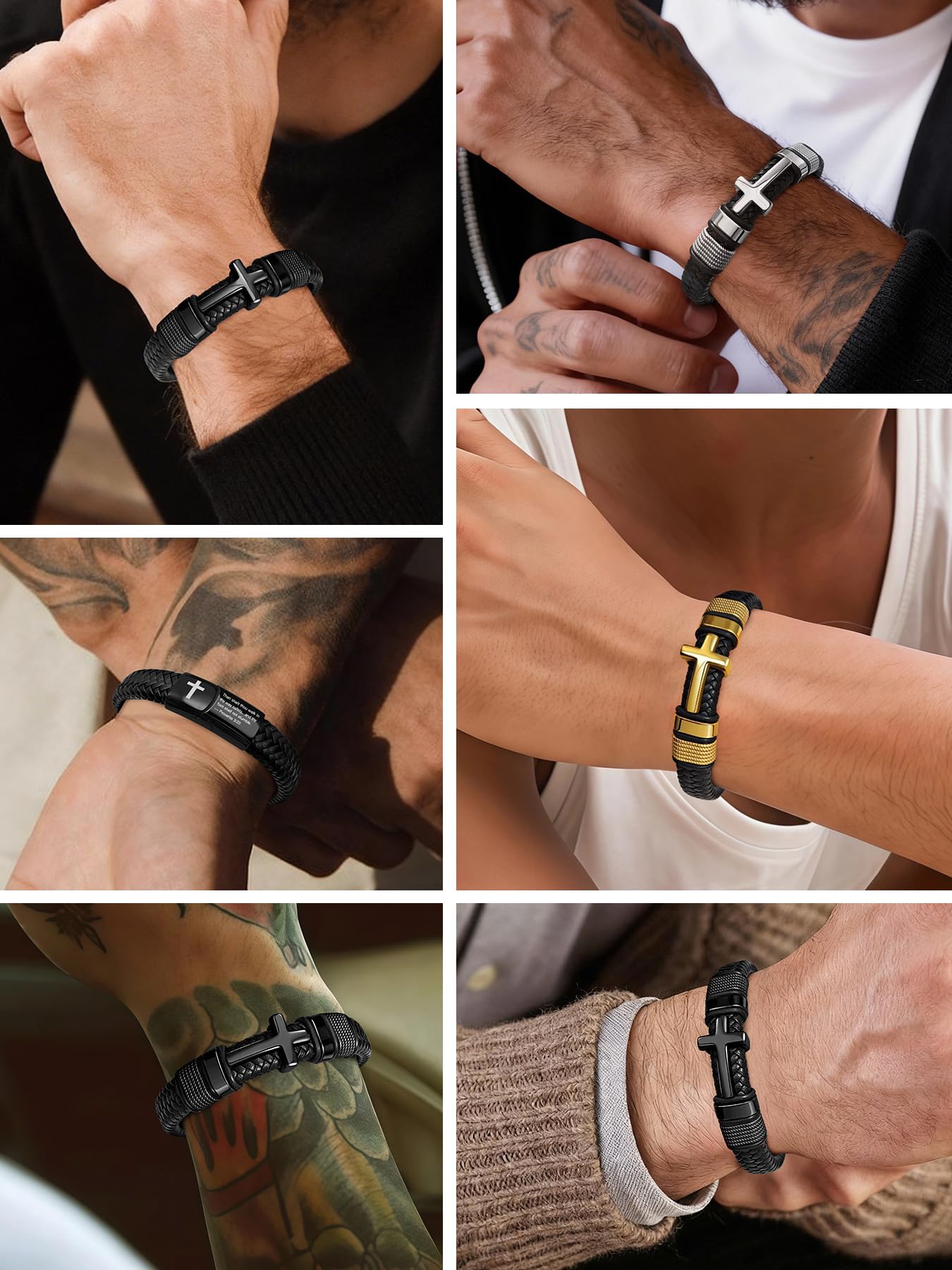 Hoyazvet Cross Cuff Bracelet for Men,Stainless Steel Braided Leather Bible Verse Bracelet with Inspirational Faith Gift for Dad,Brother,Son,family,Religious Baptism and Confirmation Gifts 8.3 Inch