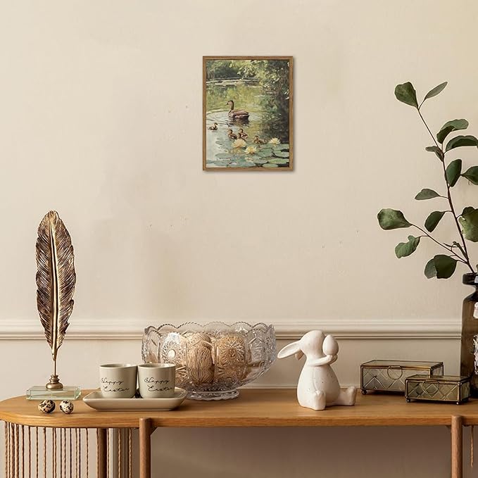 Framed Vintage Duck Canvas Wall Art, Rustic Farmhouse Animal Family Pictures Wall Decor, Country Nature Pond Paintings Prints Cottagecore Home Decor for Living Room Bedroom Bathroom 12x16 inch