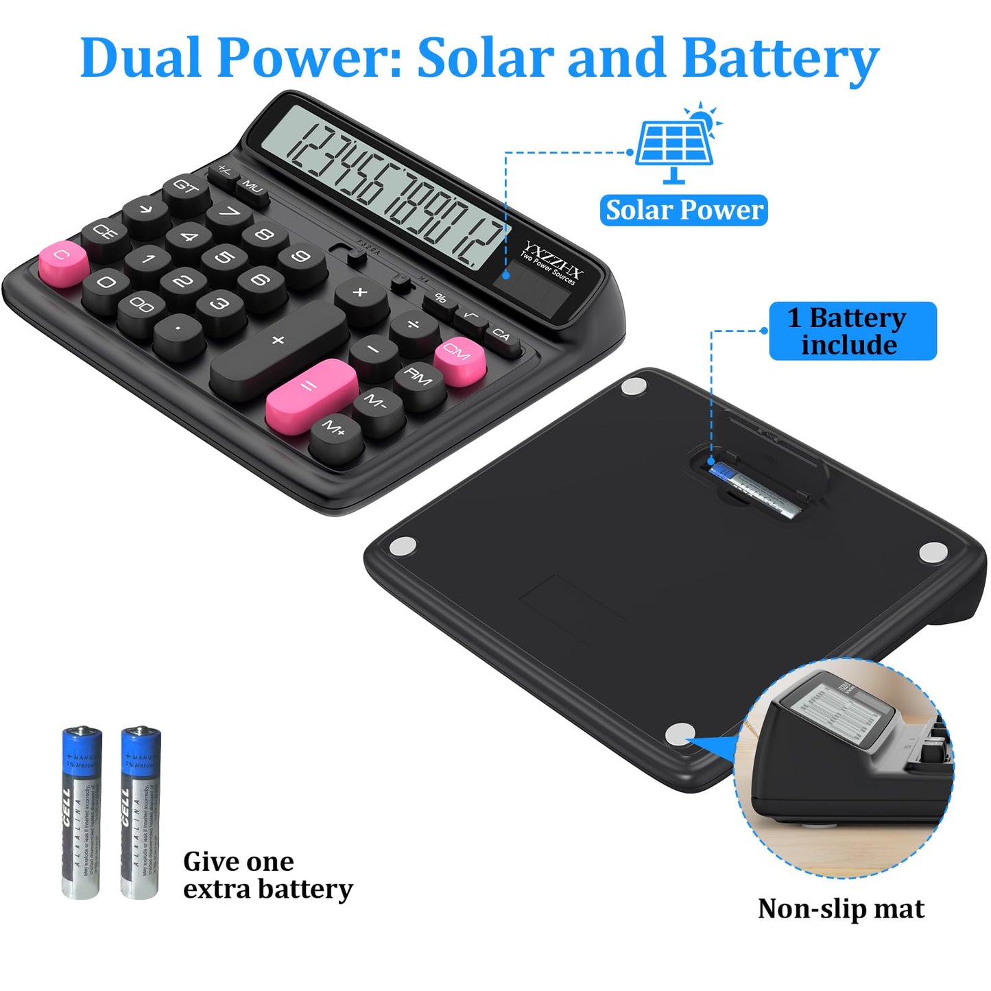 Desktop Calculator with Extra Large 5-Inch LCD Display, 12-Digit Two Way Power Solar & Battery Office Calculator with Big Buttons for Business, Accounting & Home Use(Black)