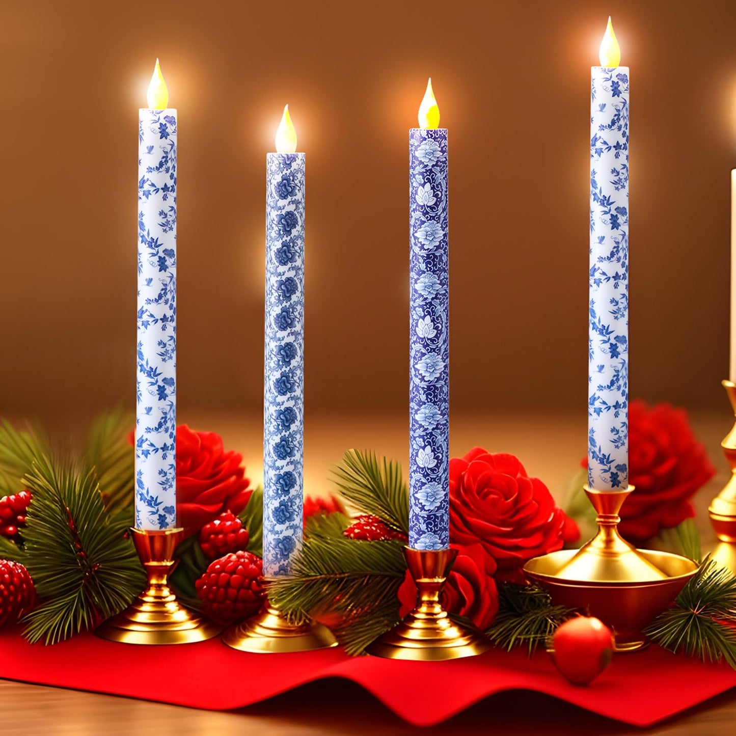Baquler 6 Pcs Chinoiserie Flameless Candles Coastal Chinoiserie Decor 10.6 Inch Blue and White Battery Operated Led Candlesticks for Holiday Wedding Party Summer Table Centerpiece Home Mantel Decor