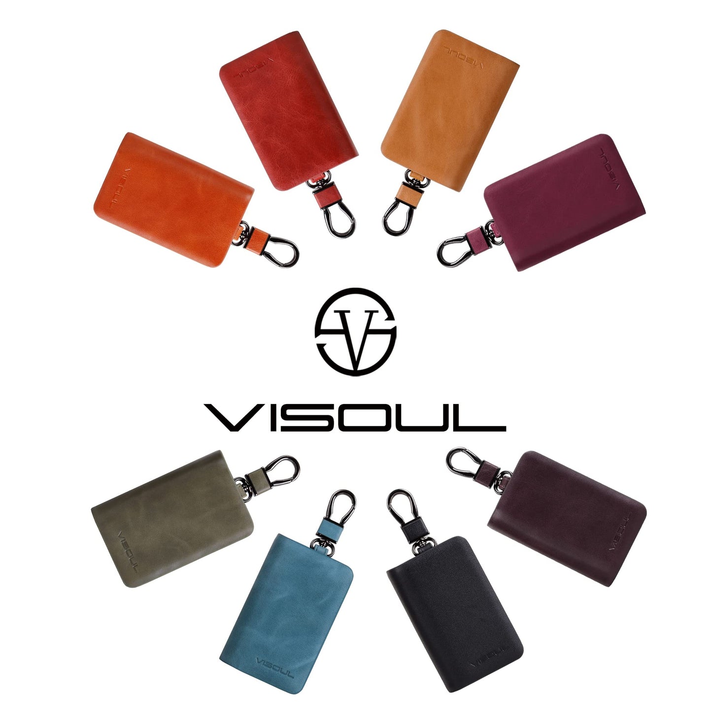 VISOUL Car Key Case Holder Double Zipper, Leather Car Smart Key Fob Case with Keychain for Men and Women-Tan