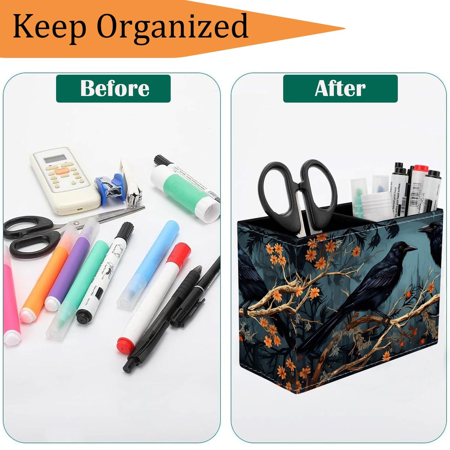 VSHSEEOM Pen Holder for Desk, PU Leather Multifunctional Desktop Storage Box and Anti-Slip Mouse Pad Set, Makeup Brush Holder Pen Organizer for Office and Home - Branch Crow