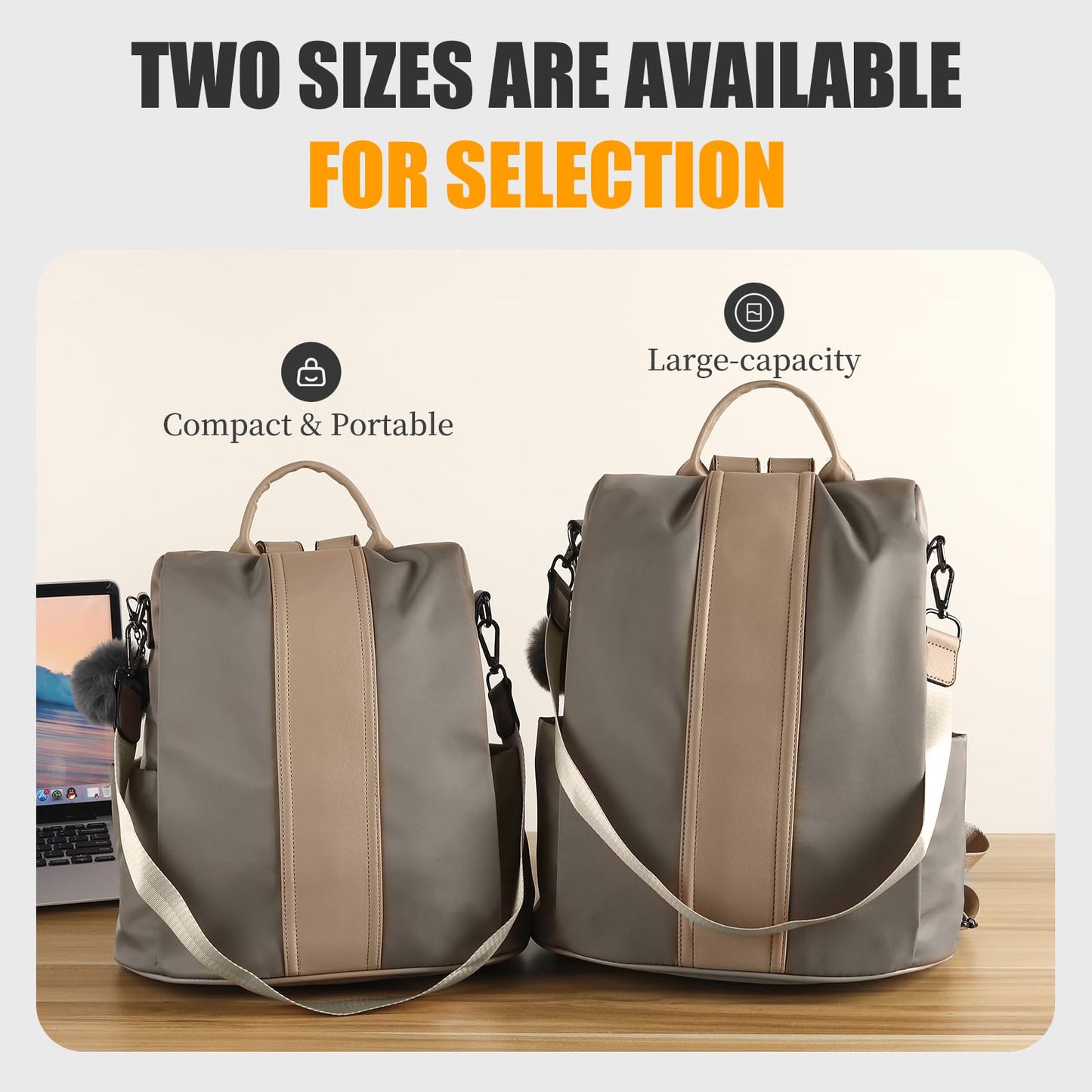 PINCNEL Women Khaki Medium Backpack Purse Waterproof Nylon Anti-theft Rucksack Lightweight Shoulder Bag