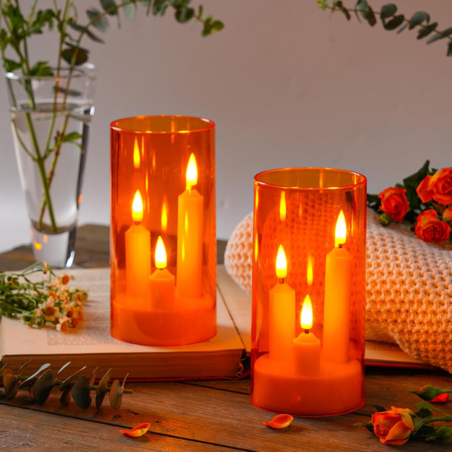 Da by 2 Pack 3D Wick Flameless Taper Candles, Orange Transparent Acrylic Cover, Remote Control Flickering LED Electric Candles, Battery Operated for Halloween Thanksgiving Christmas Home Decor.