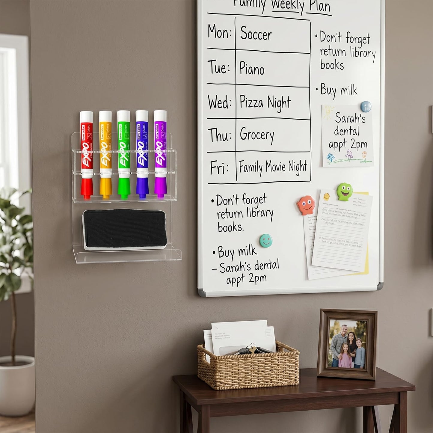 MyGift Wall Mounted Clear Acrylic Dry Erase Marker Holder Organizer for 5 Markers and Eraser, Hanging Whiteboard Accessories Rack for Office Home Dorm Classroom Meeting Room