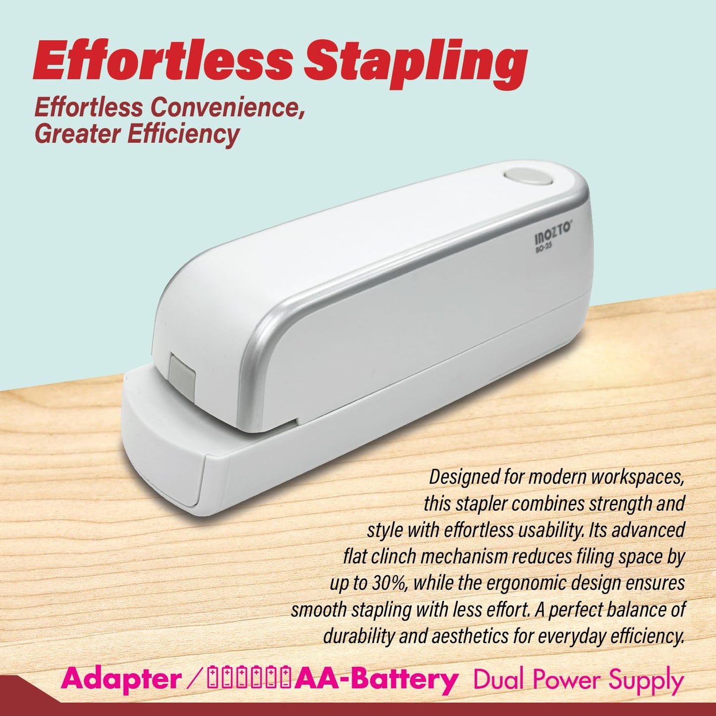 INOZTO Electric Stapler, Automatic, Portable, 210 Staples Capacity, 25 Sheet (26/6 Staple) Capability, Dual Power Mode, Quiet Under 80dB, Flat Clinch Design for Office, Home, and Crafts