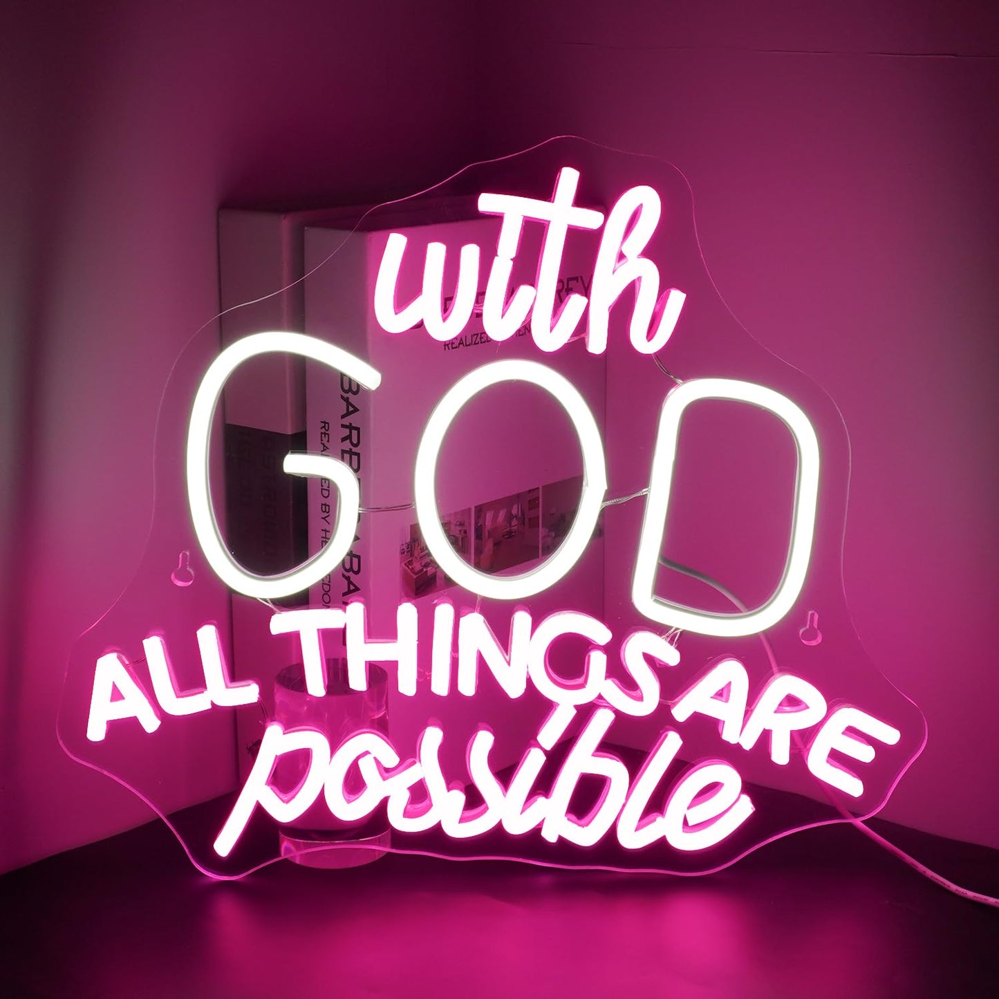 DREAMFORT With God All Things Are Possible Neon Sign,Cool White and Pink LED Neon Light for Wall Decor,USB Letters Light Up Signs for Inspirational Christian Decor for Homes, Offices, and Churches