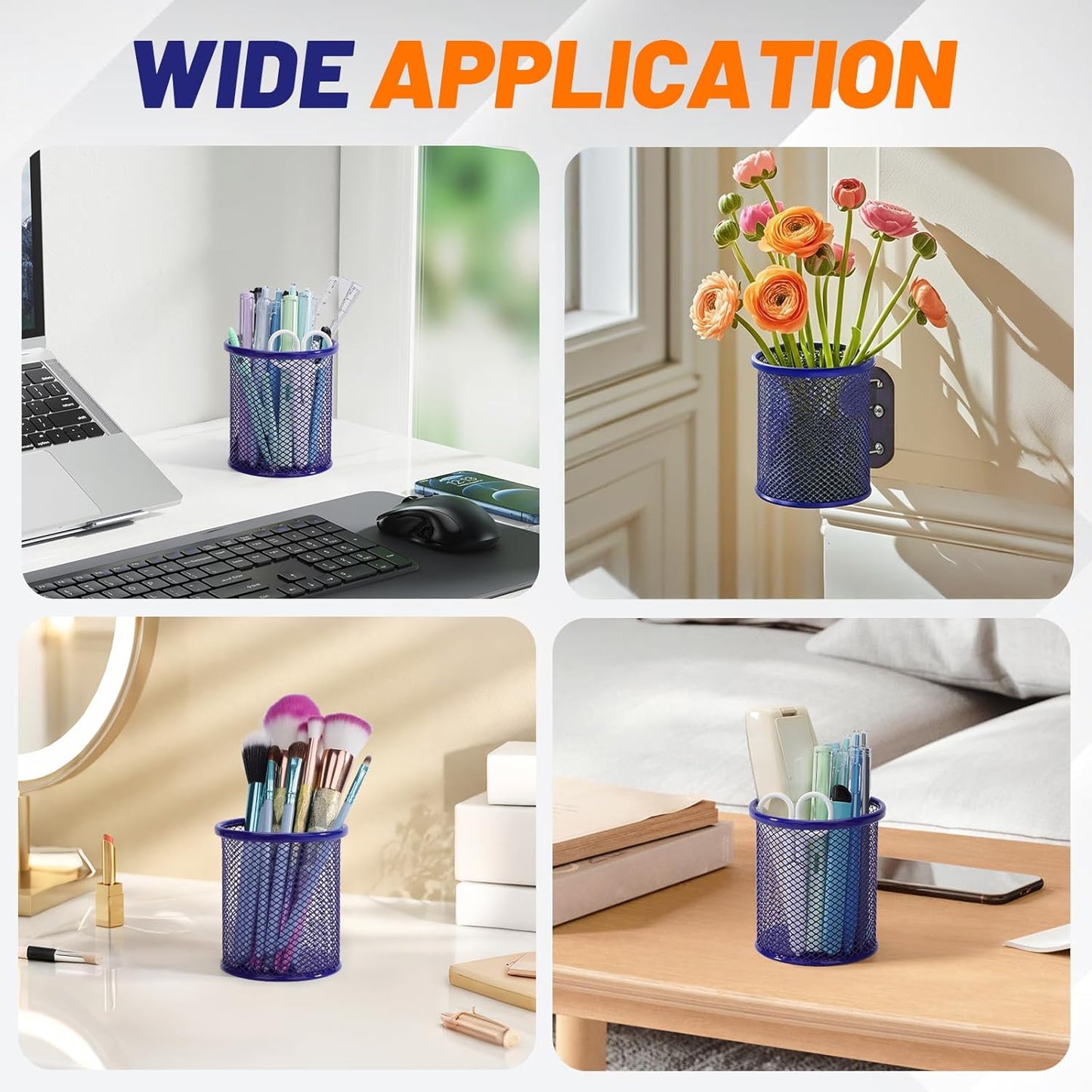 Segarty Pen Cup, 3 Pack Round Cute Dark Blue Pen Holder for Desk, Wire Mesh Pencil Holder Container Set, Desktop Organizer for Office Supplies, Maker, School, Home Storage, Makeup Brush