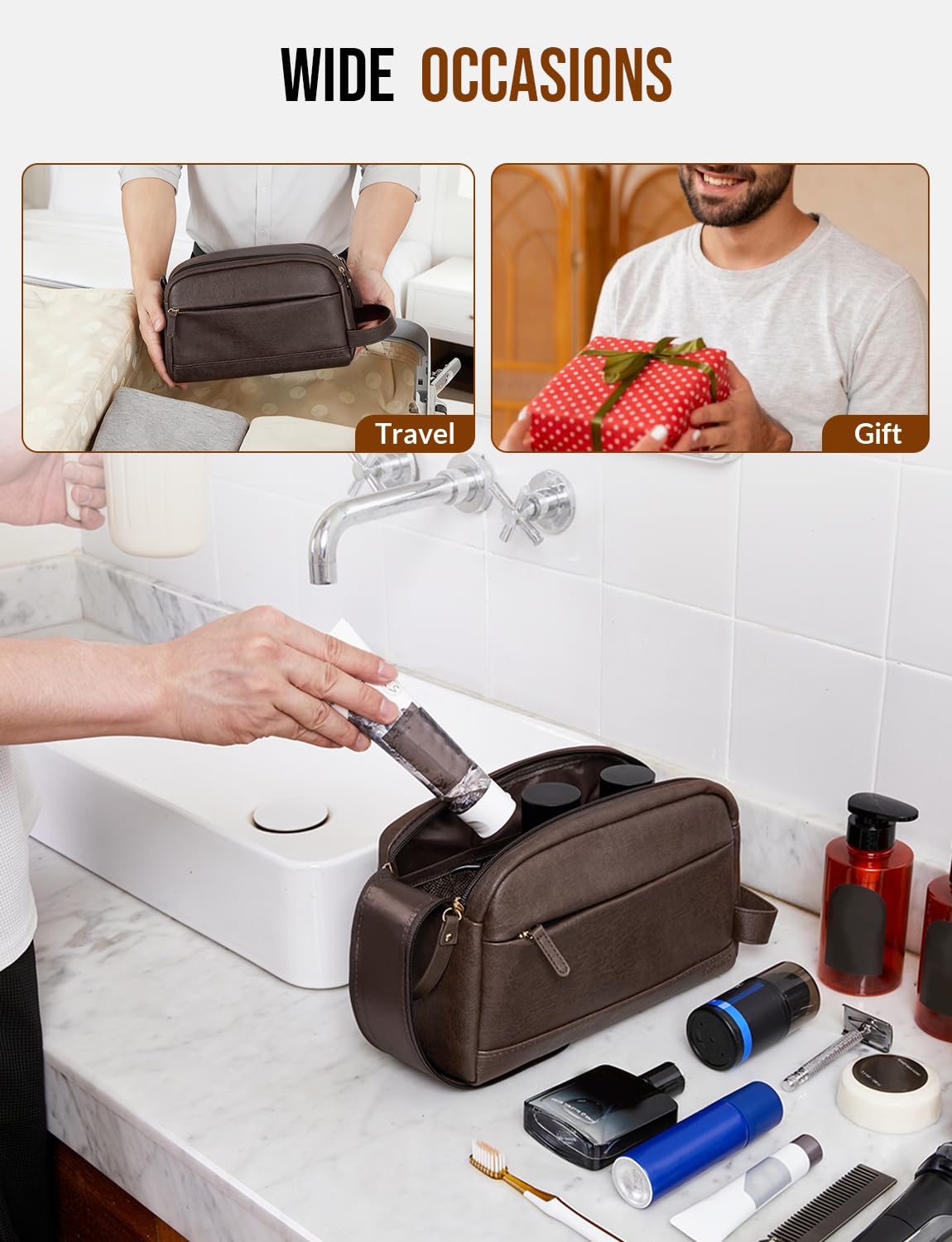 Celvetch PU Leather Toiletry Bag for Men - Water Resistant Travel Bag for Toiletries, Bathroom Essentials, Accessories - Dark Brown