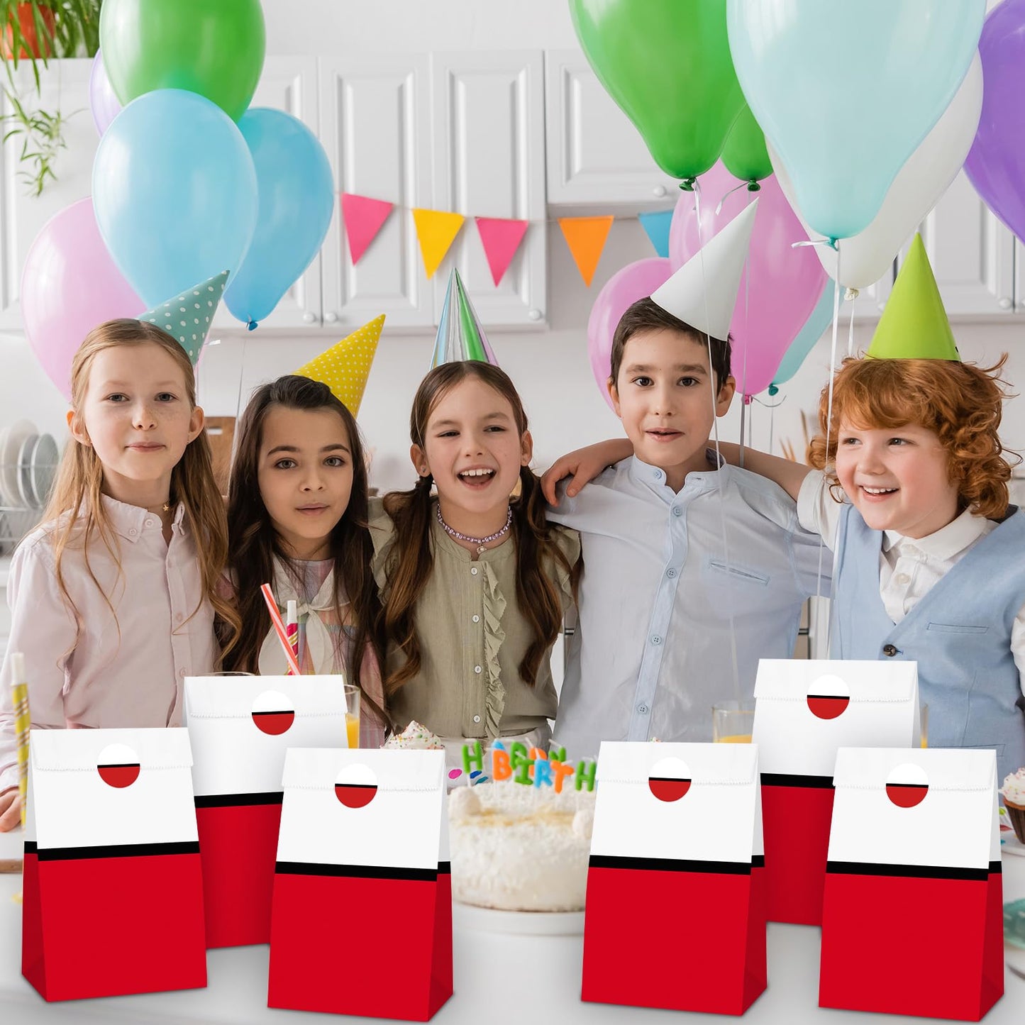 Joottuan 24 Pcs Cartoon Goodie Bags Red White Candy Bags with 24 Stickers Paper Gift Bag Decorations for Birthday Holiday Event Supplies Gift Fillers