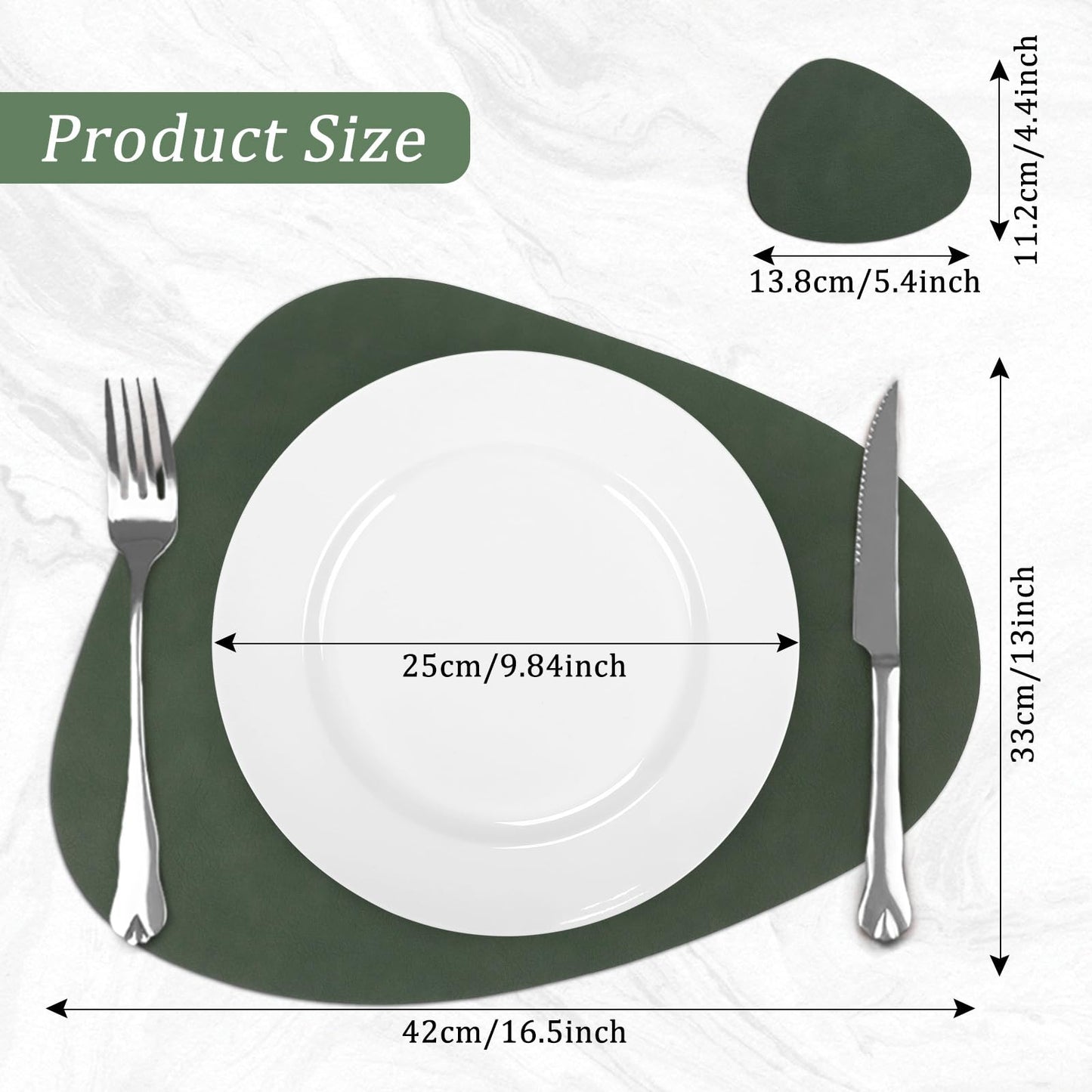 comfoyar Faux Leather Placemats with Coasters Set of 6, 13x16.5 Inch Non-Slip Dual-Sided Green Grey Place Mats, Washable Waterproof Table Mats for Indoor Kitchen Dining Party Table Decoration