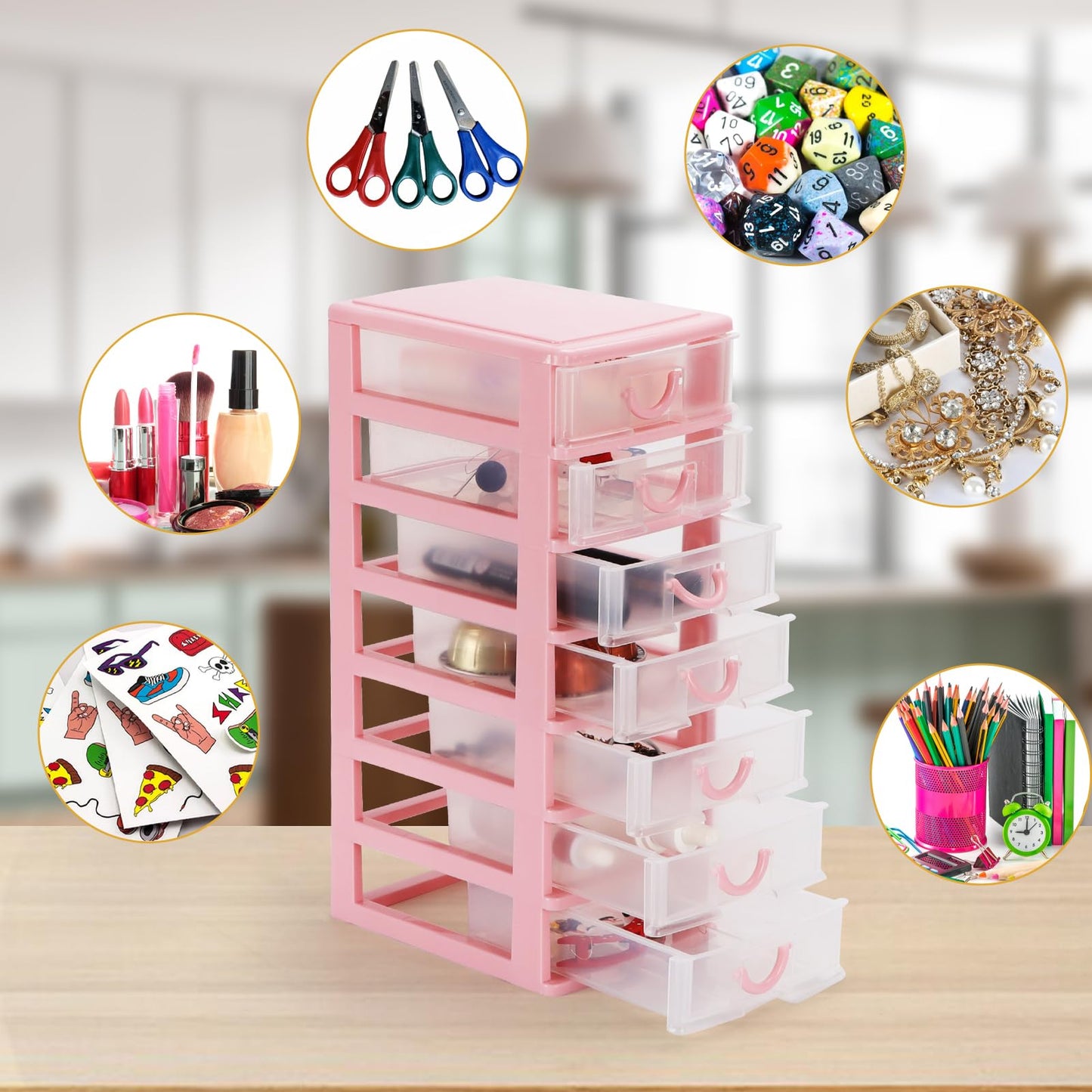 Rempry Mini Plastic Organizer with 7 Clear Drawers, 7.1"x5.1"x13.2" Small Storage Drawers Containers for Desk, Counters, Cabinets, Pink