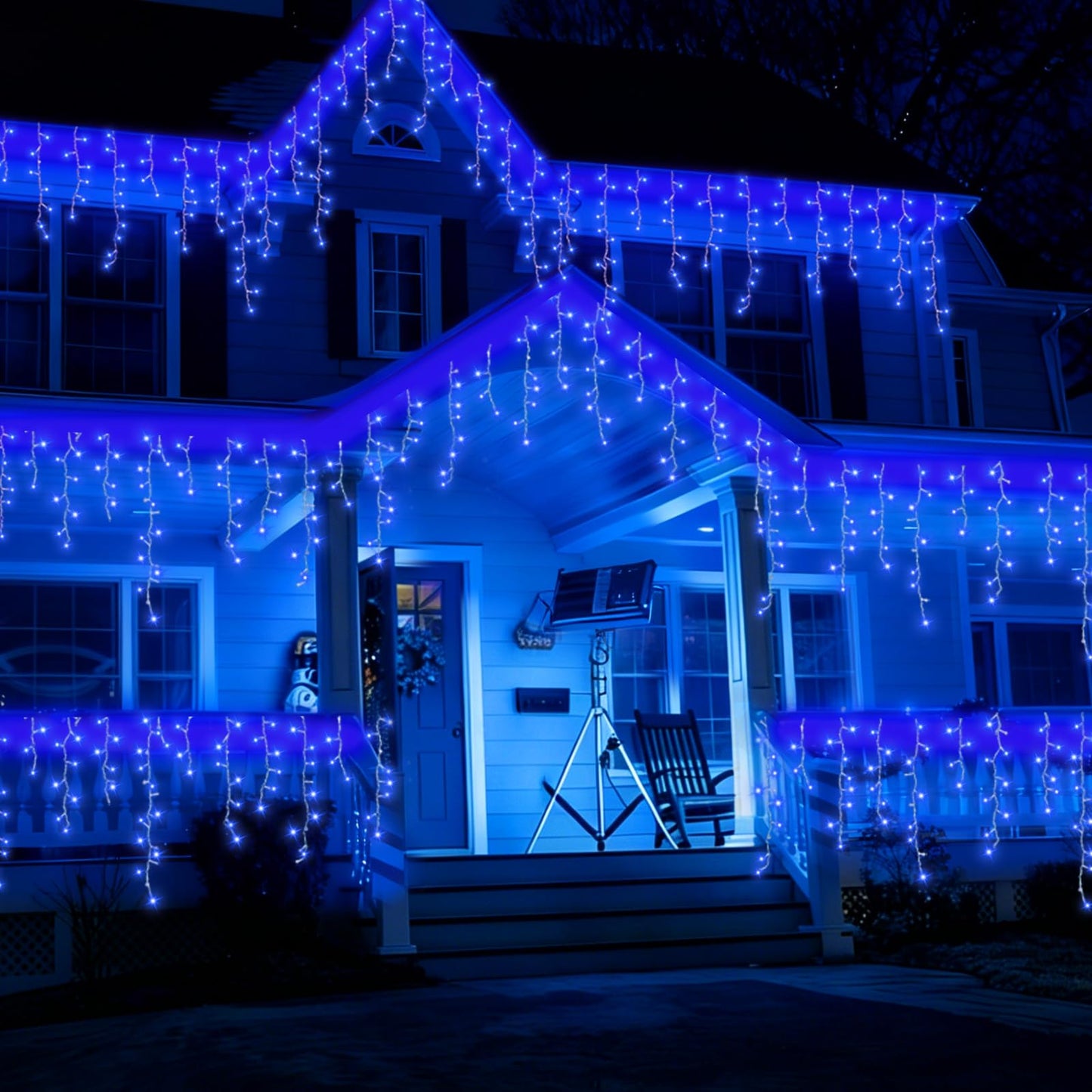 QITONG Blue Icicle Lights for Outside, 33ft 400 LED String Lights Plug in with 8 Modes, Clear Wire Connectable Icicle Christmas Light Indoor