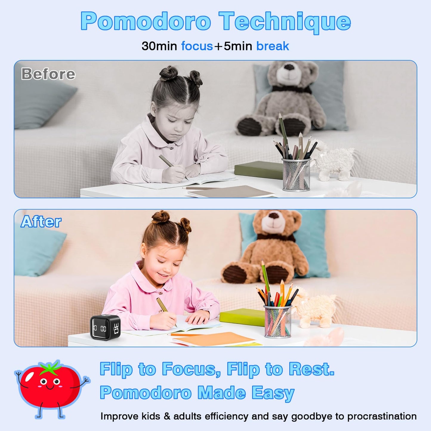 Cube Pomodoro Timer, Desk Productivity Timer 5/10/30/60 Minutes & Custom Countdown, Adjustable & Silent Visual Timer, ADHD Tool Flip Rotating Portable Multi Timers for Study Task Work Kitchen School