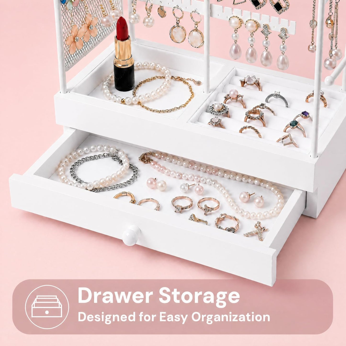 TerraKit White Vanity Jewelry Organizer Stand with Drawer, Earring Holder and Necklace Bracelet Organizer, Metal & Wood Jewelry Display Stand for Earrings, Rings, Bracelets, Dresser & Bedroom