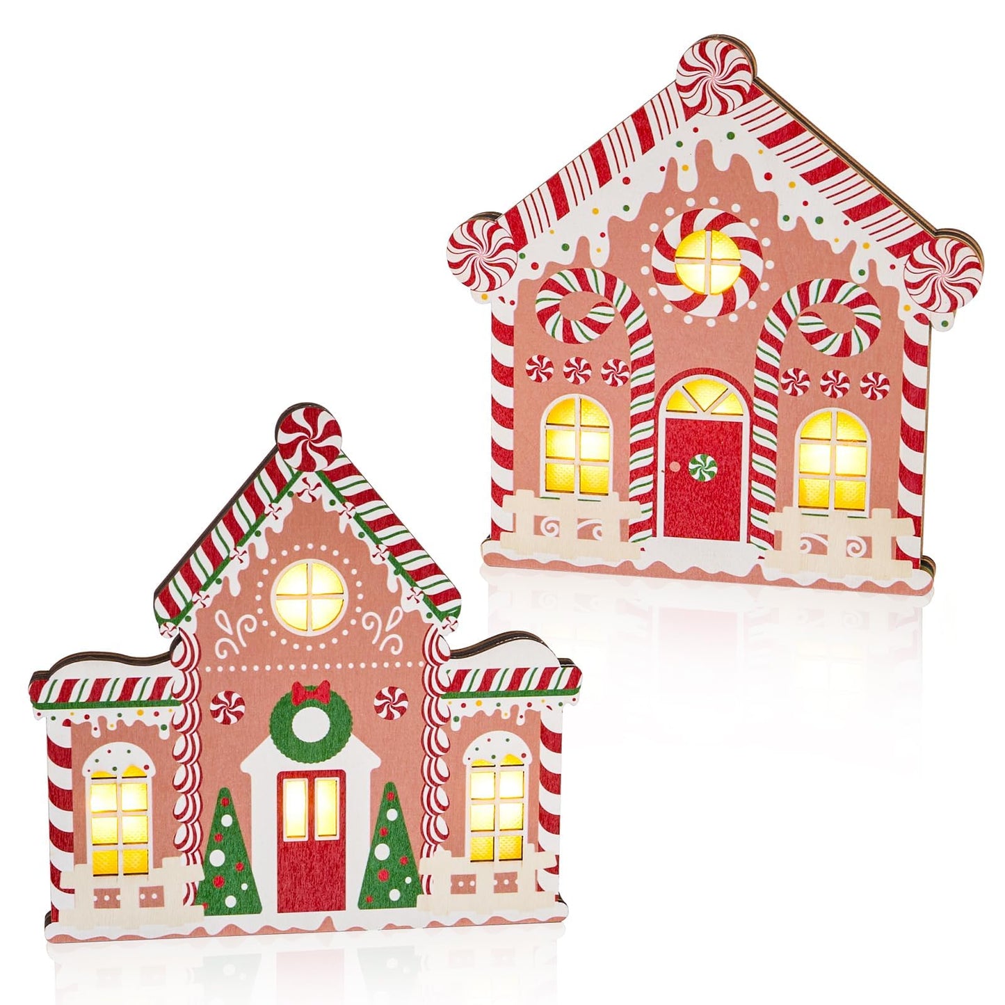 APUDWN 2 Pcs Lighted Gingerbread House Christmas Decorations, Lighted Wooden Village Set Centerpieces Battery Operated LED Gingerbread Decor for Home, Kitchen, Mantel, or Shelf Display, Gifts for Xmas