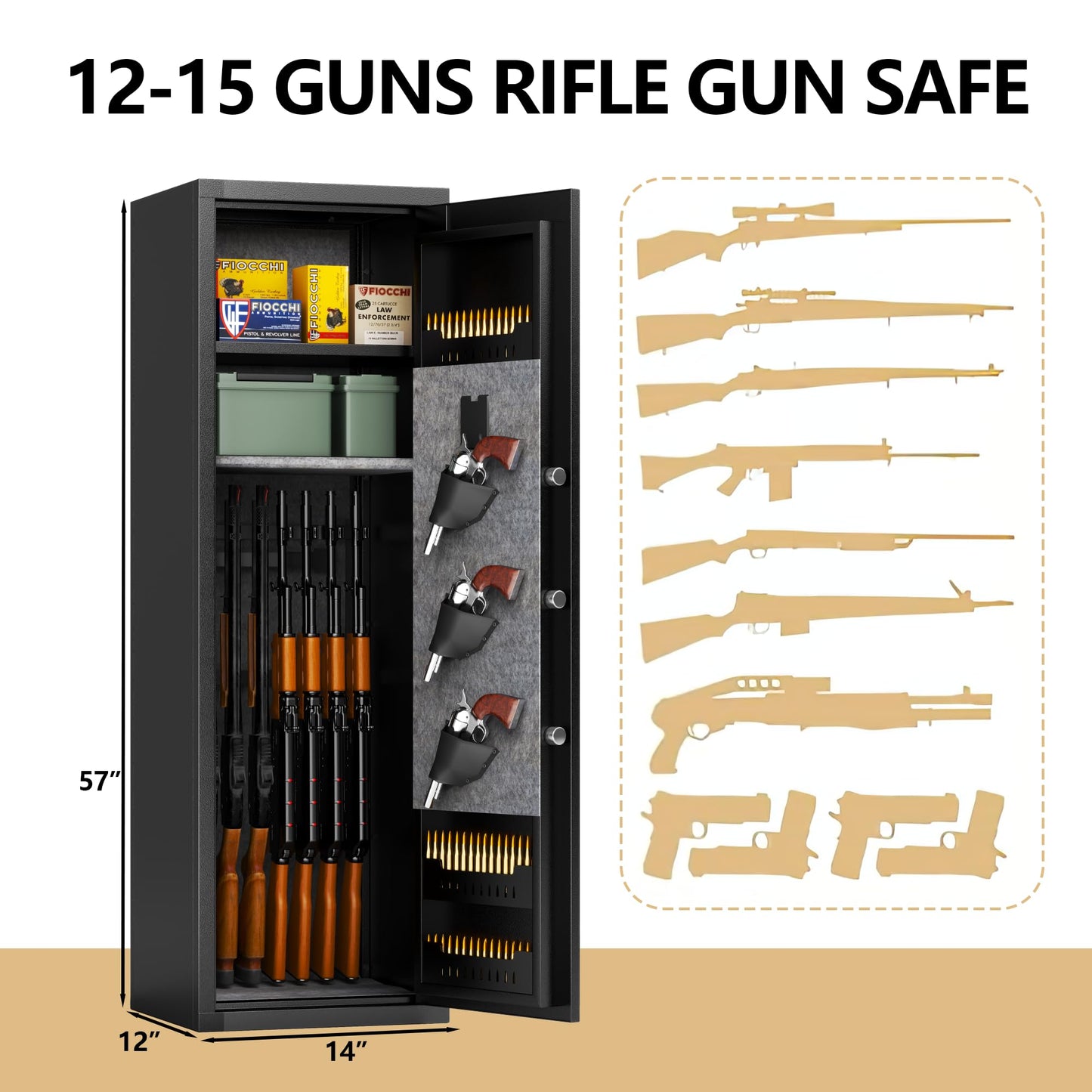 15-17 Gun Safe, 57'' Safe, 0.1s Fingerprint Unlock Gun Safe for Rifles and Pistols, Gun Cabinet Safe for Handgun with Adjustable Shelves, Suitable for Rifles, Pistols &Shotguns(1Pack)
