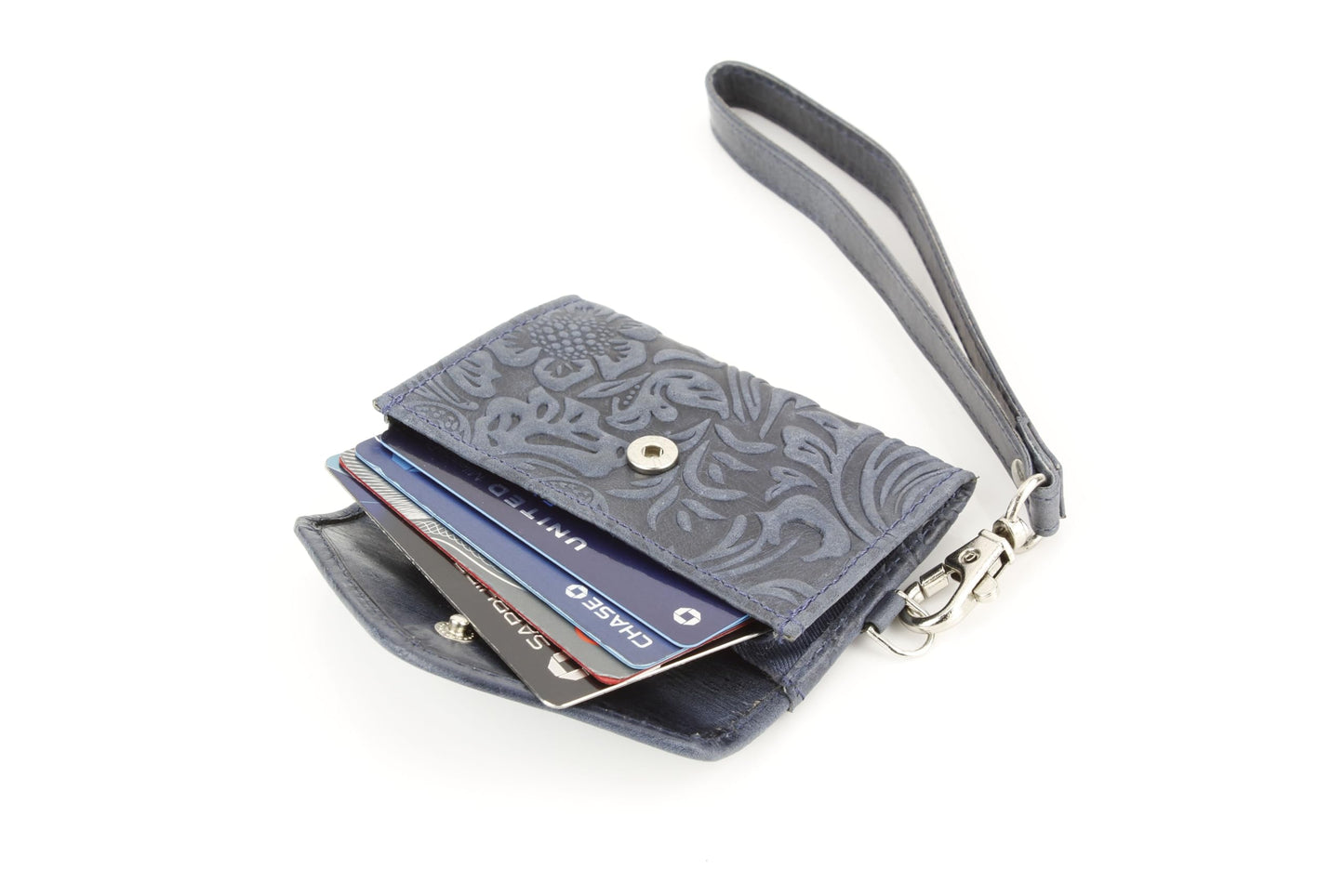 American Bison Small Floral Filigree Wristlet for Women – Compact Card Holder Wallet with Wrist Strap – Minimalist Clutch for ID, Credit Cards & Essentials (Navy)