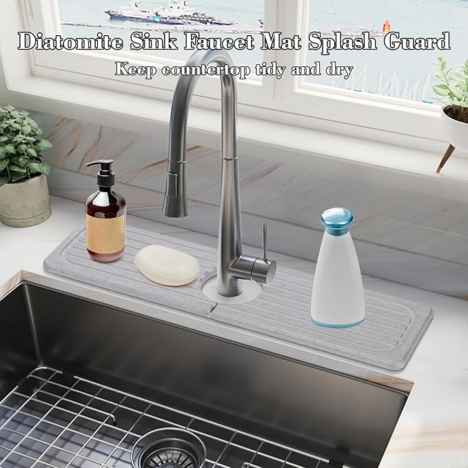 Stone Faucet Mat for Kitchen Sink, 23.6" Diatomite Drying Stone Kitchen Sink