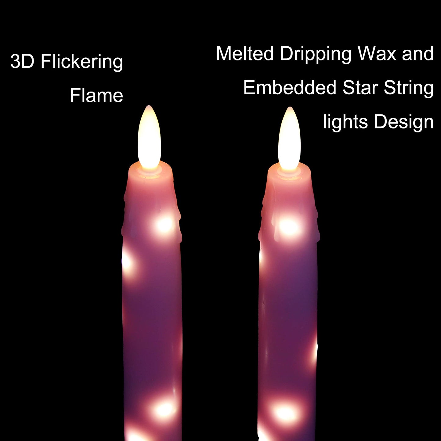 HVTDECOR Flameless Flickering Taper Candles Battery Operated with Embedded String Lights, wtih Timer and Remote, LED Real Wax Tapered Dinner Candle Set of 2 (Pink)