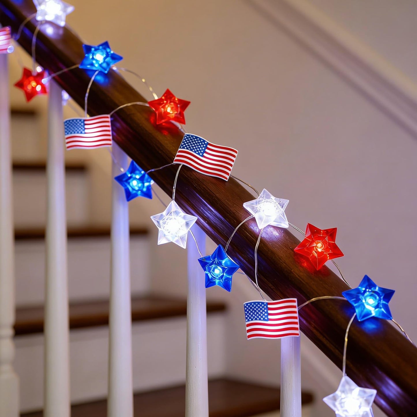TWINGLEHOME 100LED Patriotic Star Lights with Copper Wire, Waterproof Adaptor and American Flag, Multifunctional Lighting Modes (Red, Cool White, Blue), Plug-in for Indoor Holiday, Nation Day