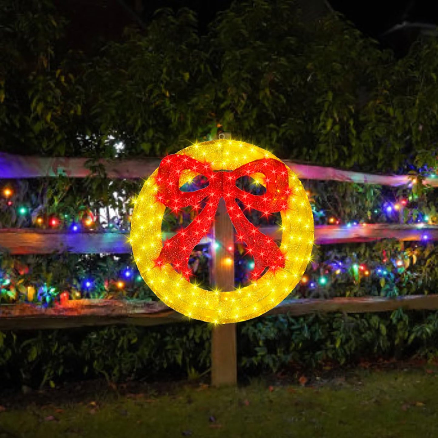 Outdoor Christmas Wreath Decoration - 36" Bright LED Christmas Wreath Lights with Bow, Large Lighted Christmas Wreaths Window Lights for Wall, Windows, Front Door Decor, Red Bow - Gold Wreath