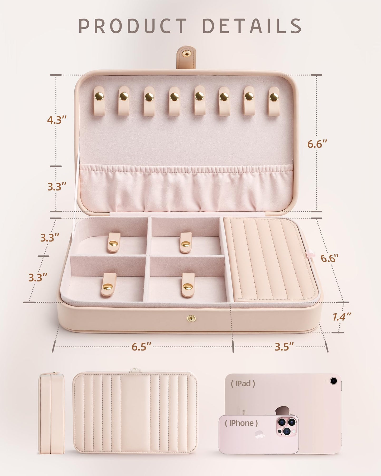 VELORIA PU Leather Travel Jewelry Organizer with 8 Snap Clasps, Elastic Pouch, Hidden Compartment, Compact Jewelry Case for Necklaces, Earrings, Bracelets and Bangles, Cloud Pink