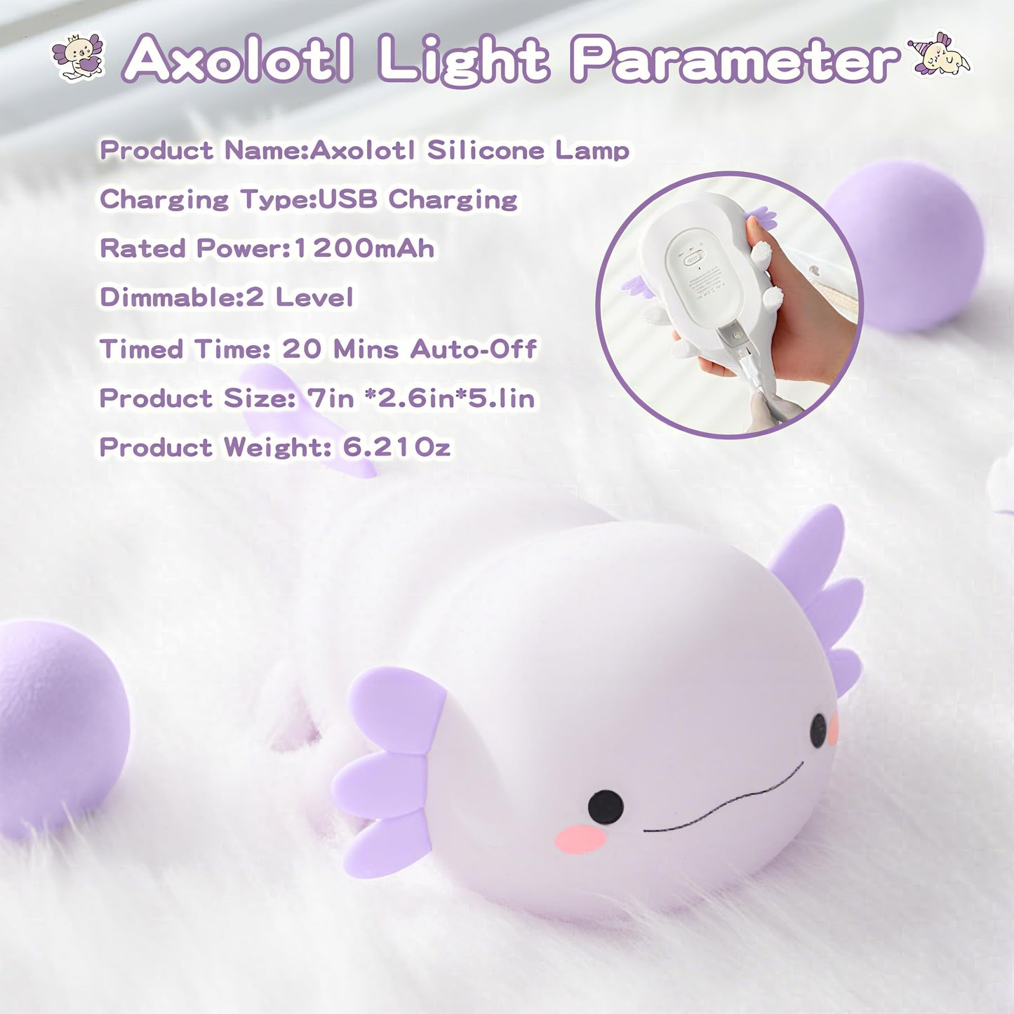 FAMIDUO Axolotl Night Light for Kids,Cute Purple Axolotl Lamp,LED Squishy Nursery Nightlight, Soft Silicone Novelty Animal Bedside Touch Lamp, Room Decor,Axolotl Gifts for Mom Girls Baby Toddler