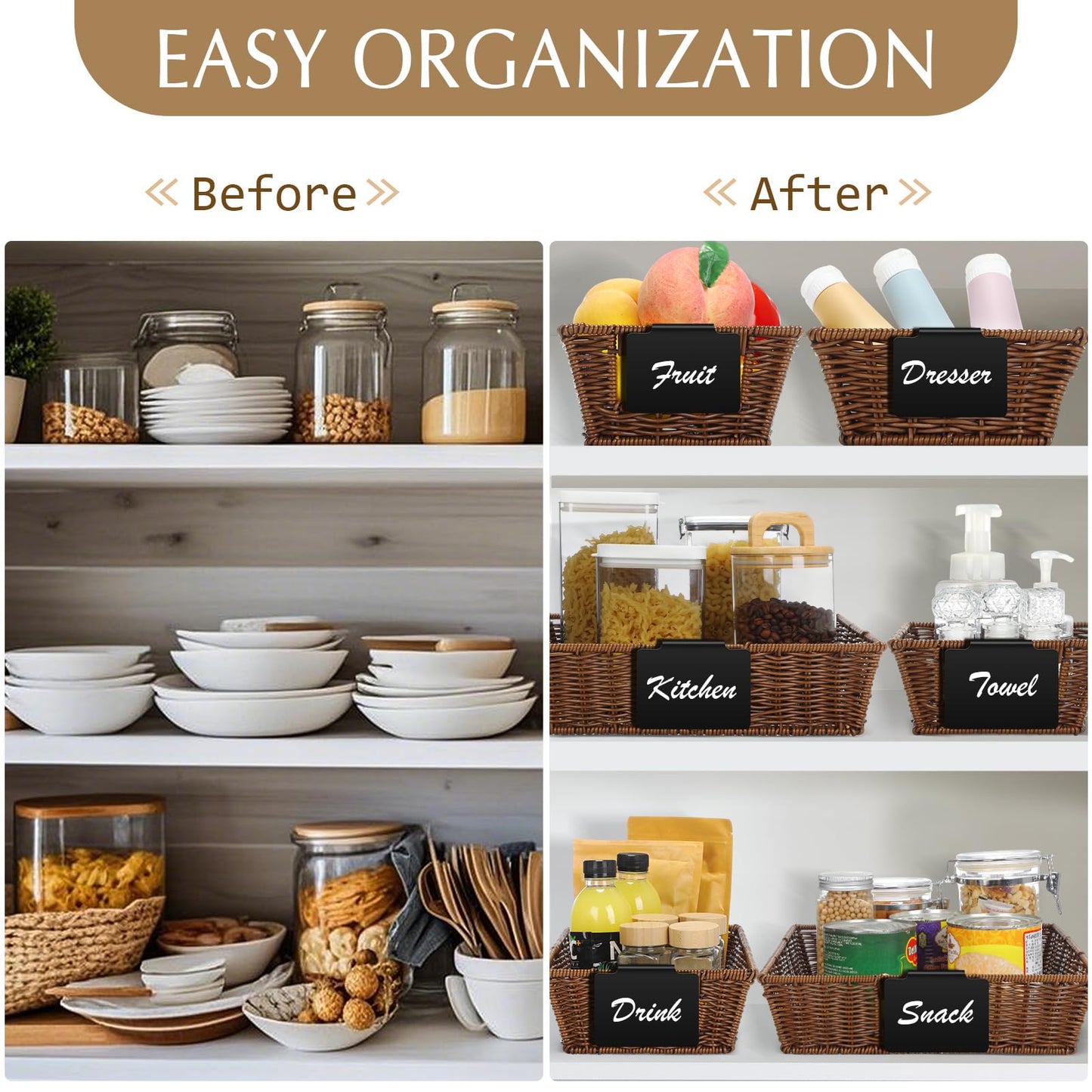 Marsui 9 Pcs Wicker Storage Baskets for Pantry Organization with Handle Labels Handwoven Multi-size Dark Brown Small Organizer Baskets Storage Bin Container for Shelves Closet Toilet Christmas Holiday